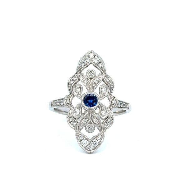Art Deco Inspired Sapphire and Diamond Ring in 18k White Gold