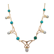 Antique Arts & Crafts Blister Pearl and Turquoise Station Necklace in Yellow Gold