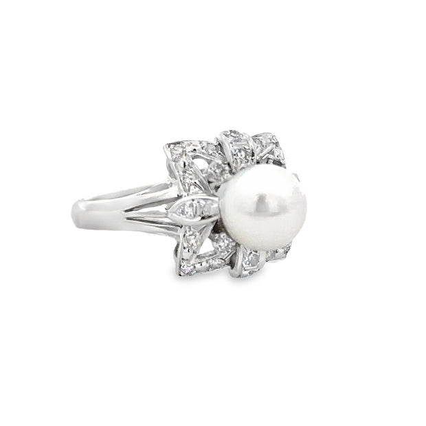 Vintage Pearl and Diamond Ring in White Gold