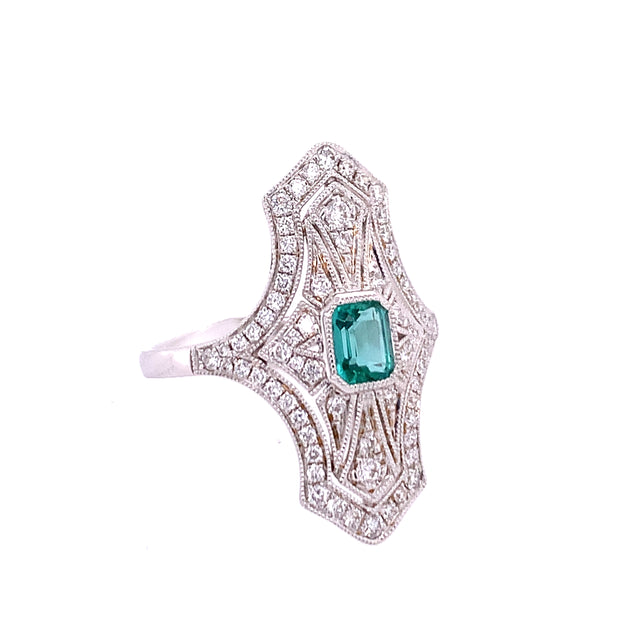 Vintage Inspired Emerald and Diamond Ring in White Gold