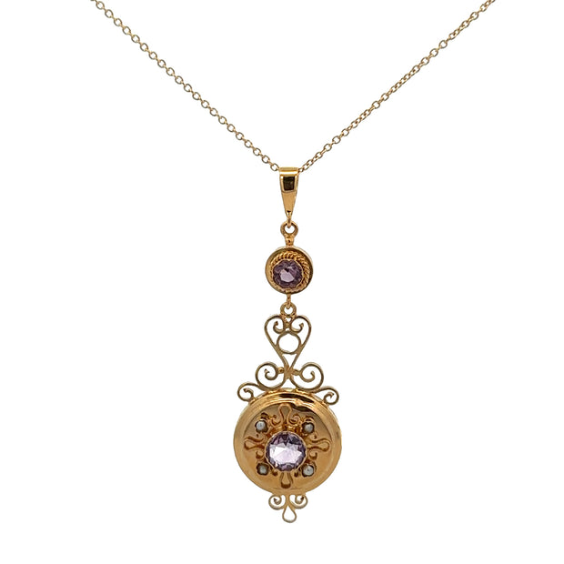 Victorian Amethyst and Seed Pearl Pendant in 18k Yellow Gold