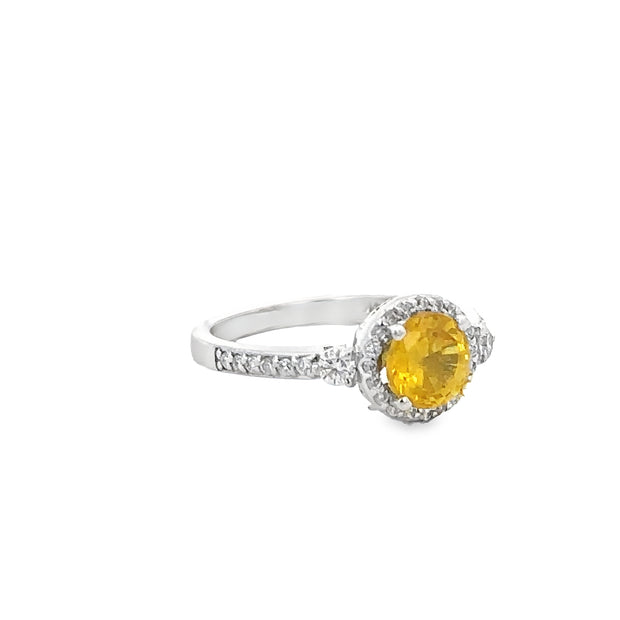 Yellow Sapphire and Diamond Ring in White Gold