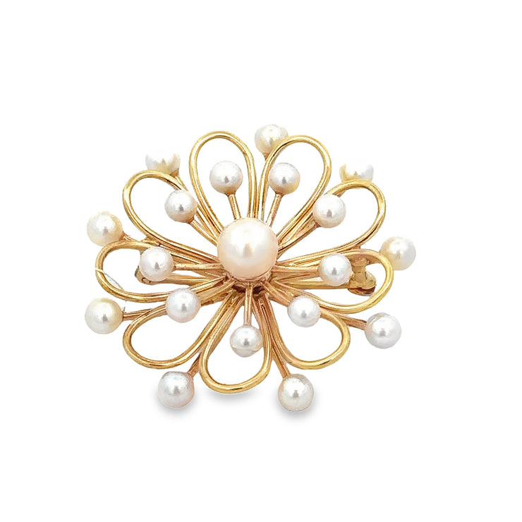 Vintage 1980s Akoya Pearl Brooch in Yellow Gold