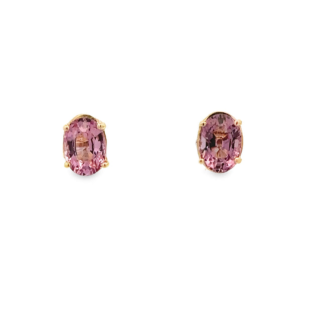 Oval Cut Pink Spinel Stud Earrings in Yellow Gold