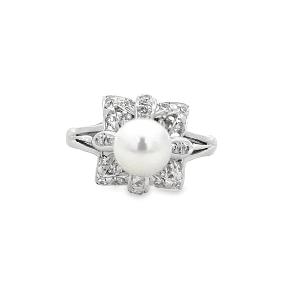 Vintage Pearl and Diamond Ring in White Gold