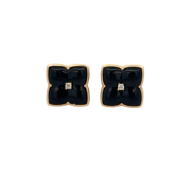 Black Onyx Quatrefoil Earrings in Yellow Gold