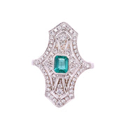 Vintage Inspired Emerald and Diamond Ring in White Gold