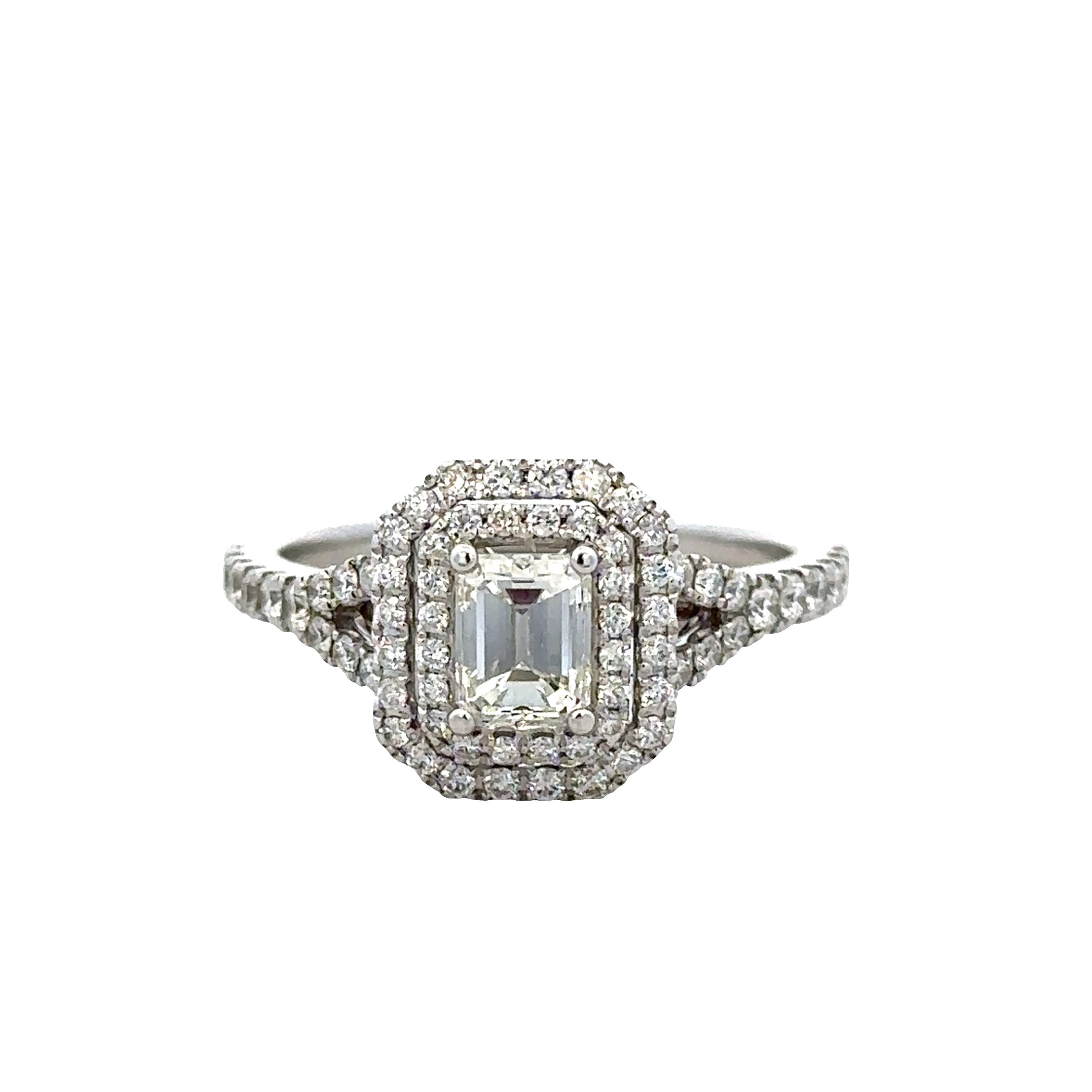 14k White Gold Emerald-Cut Diamond Double Halo Ring – Size 7.25