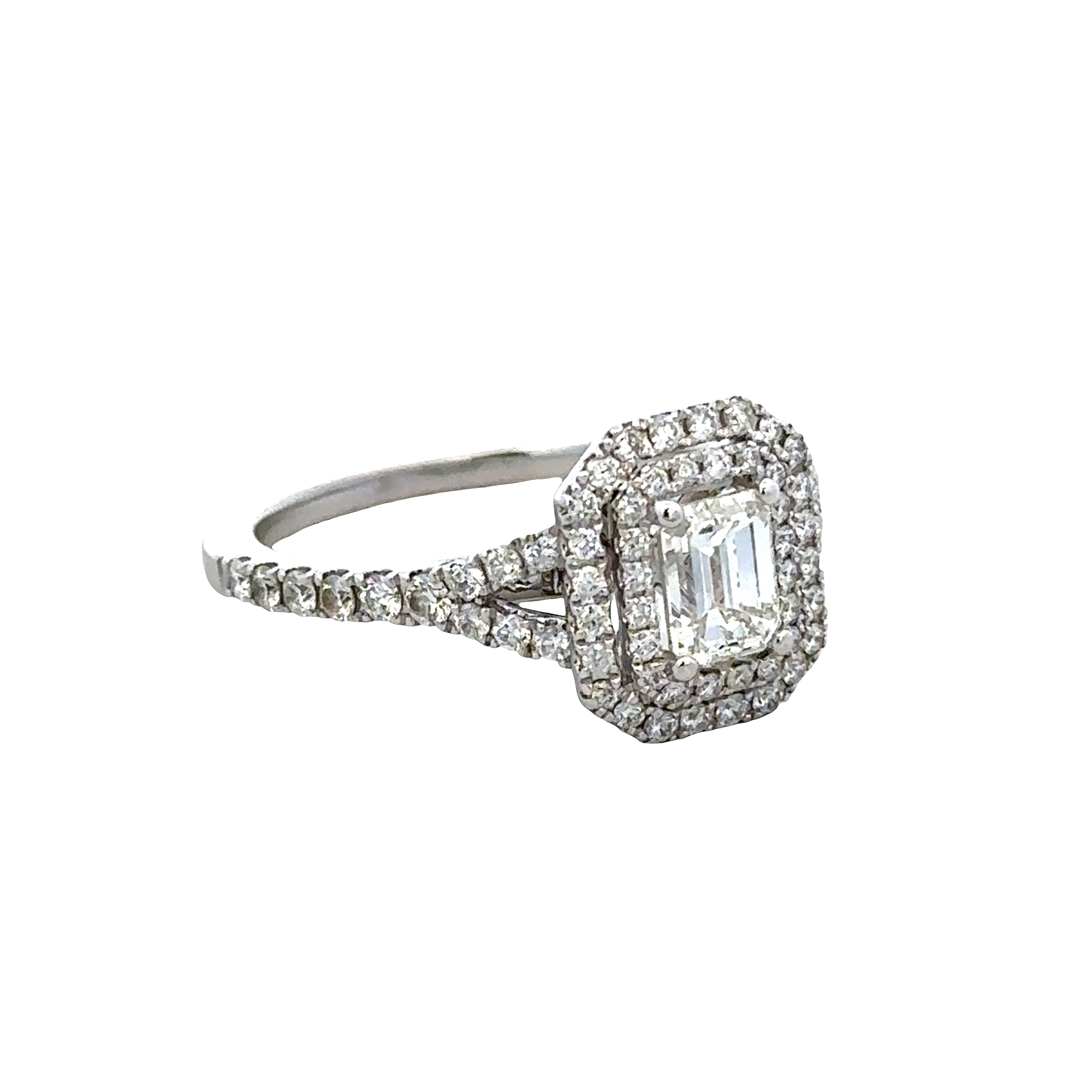 14k White Gold Emerald-Cut Diamond Double Halo Ring – Size 7.25