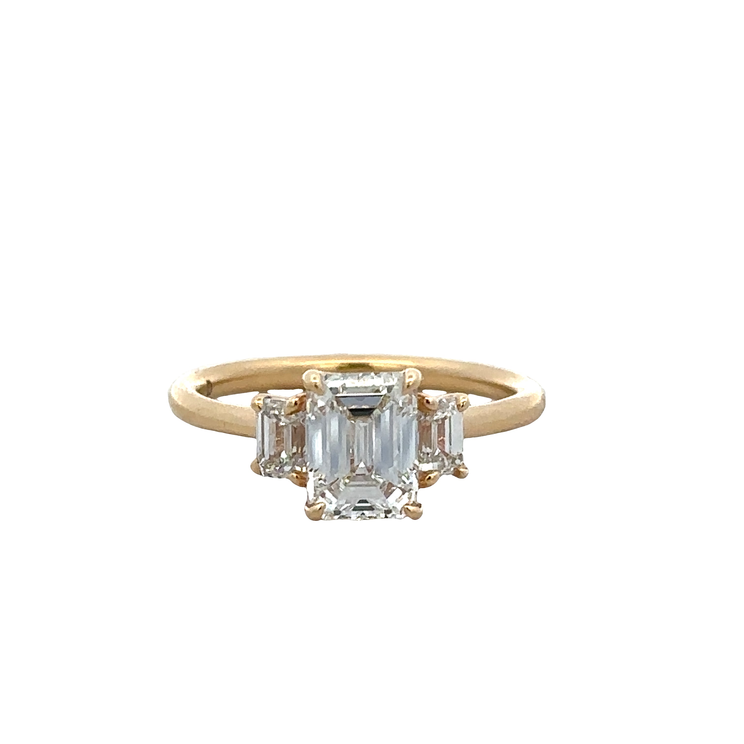 18k Yellow Gold Three-Stone Emerald-Cut Diamond Ring – GIA Certified, Size 6.5