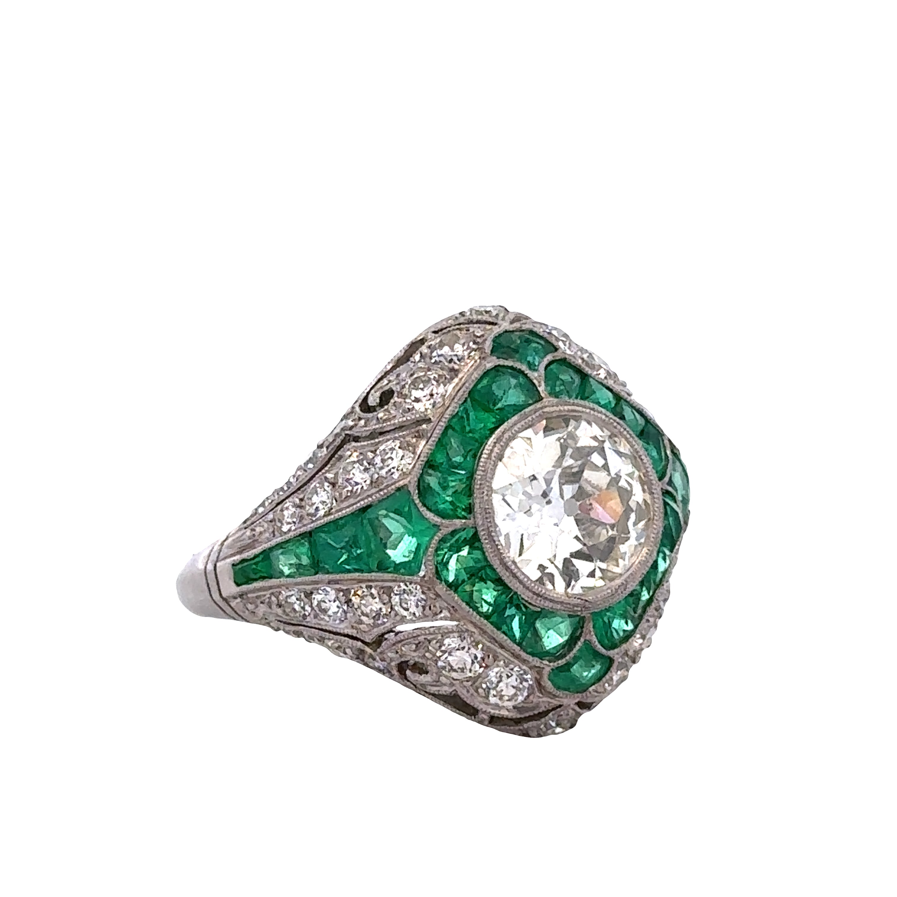 Antique Platinum Art Deco Emerald and Old European Cut Diamond Dome Ring – Size 7.5