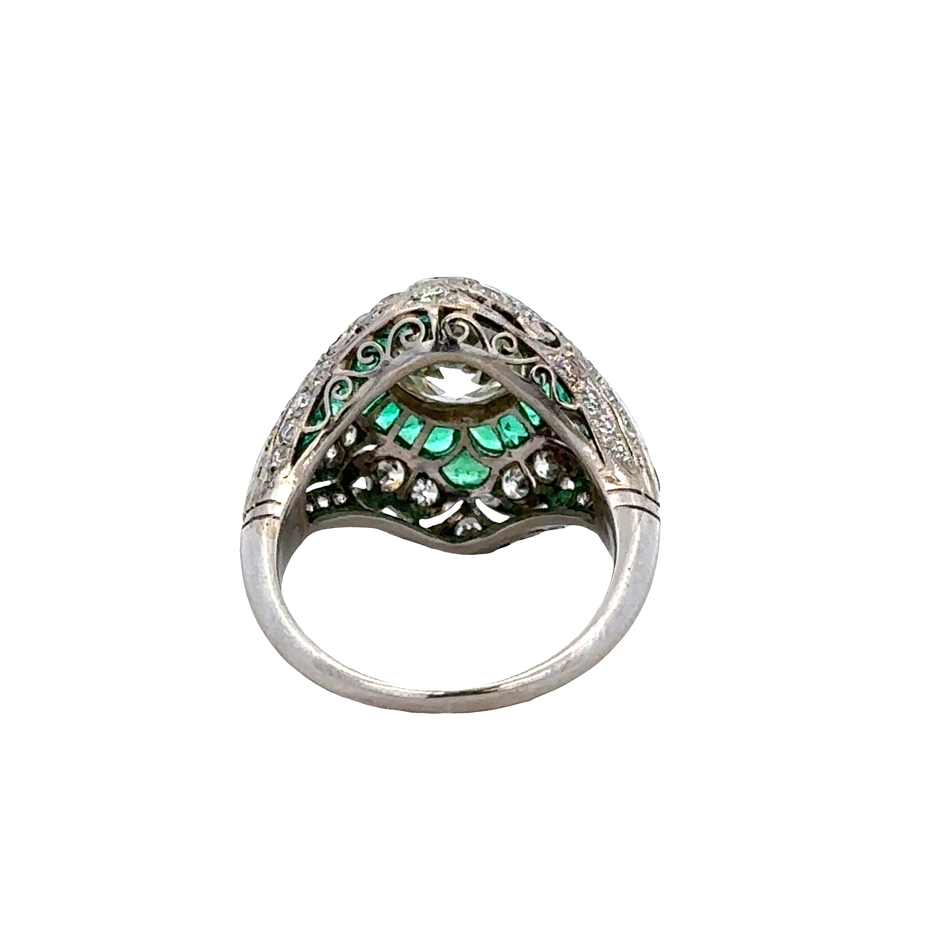 Antique Platinum Art Deco Emerald and Old European Cut Diamond Dome Ring – Size 7.5