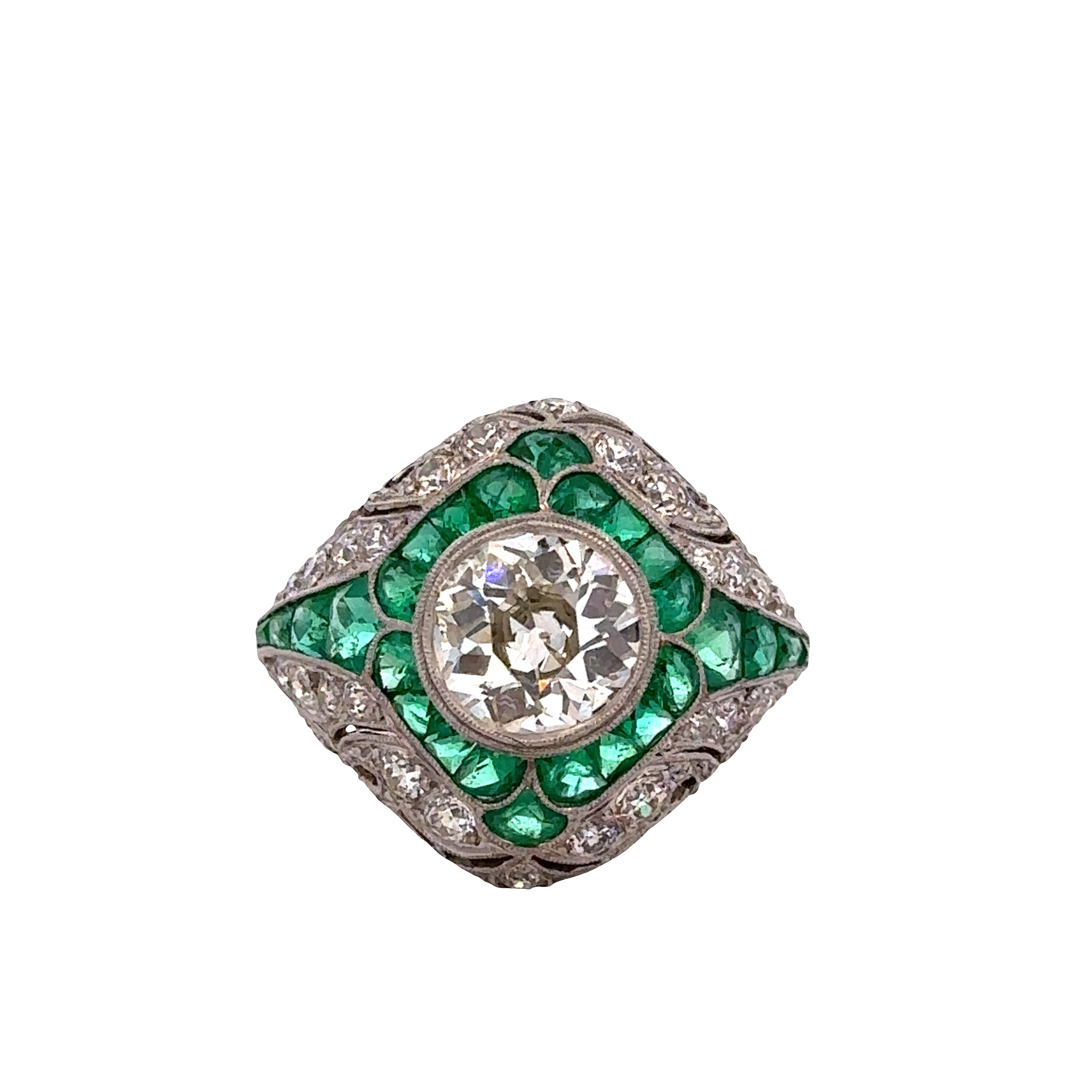 Antique Platinum Art Deco Emerald and Old European Cut Diamond Dome Ring – Size 7.5