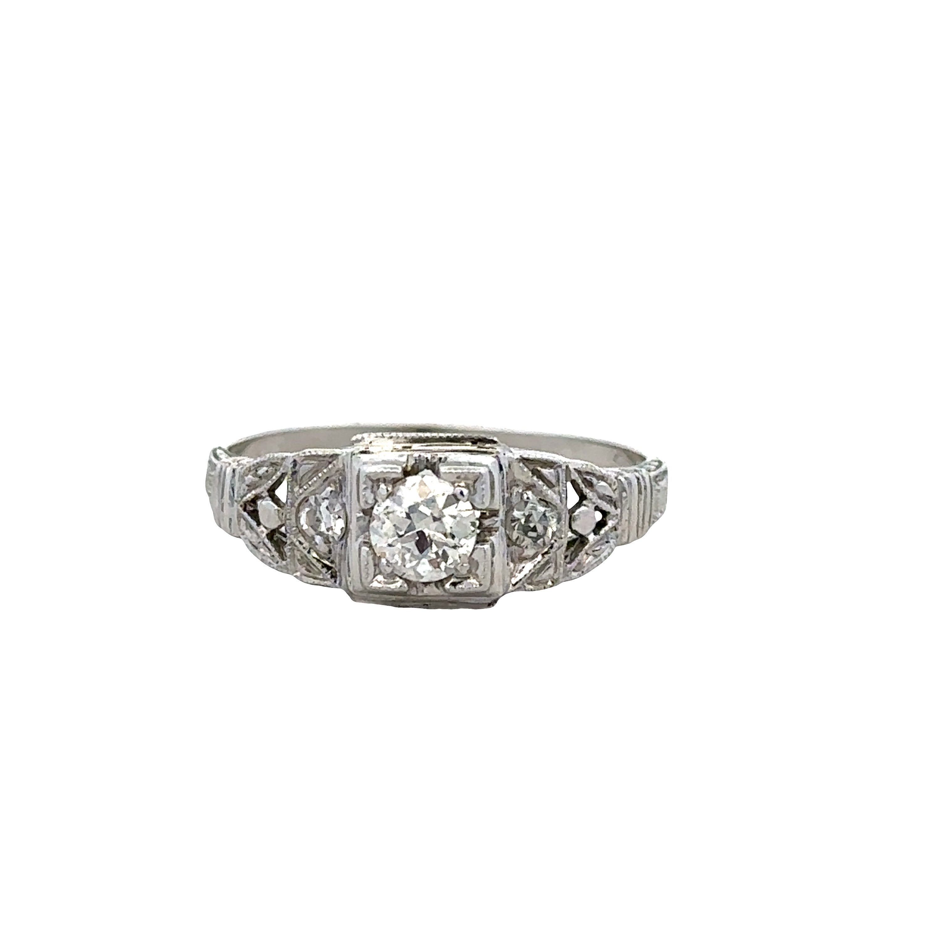Art Deco 14k White Gold Diamond Engagement Ring – Size 6.75