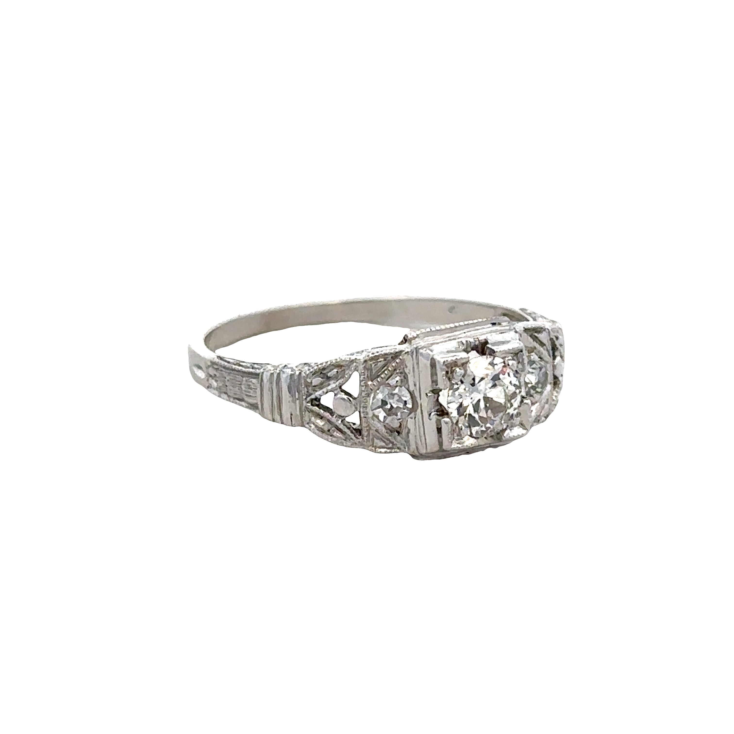 Art Deco 14k White Gold Diamond Engagement Ring – Size 6.75