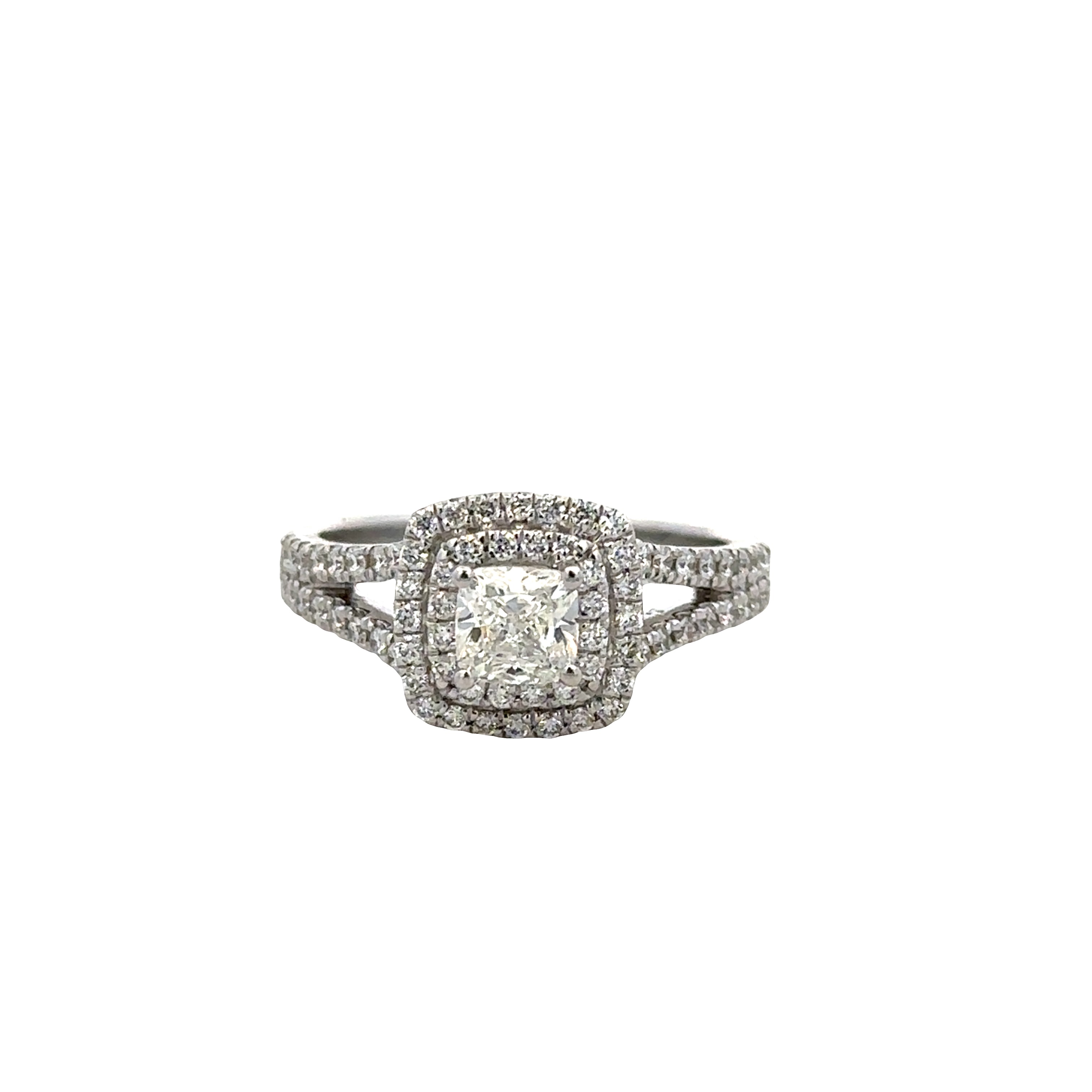 14k White Gold Cushion Cut Diamond Double Halo Engagement Ring – Size 5.25