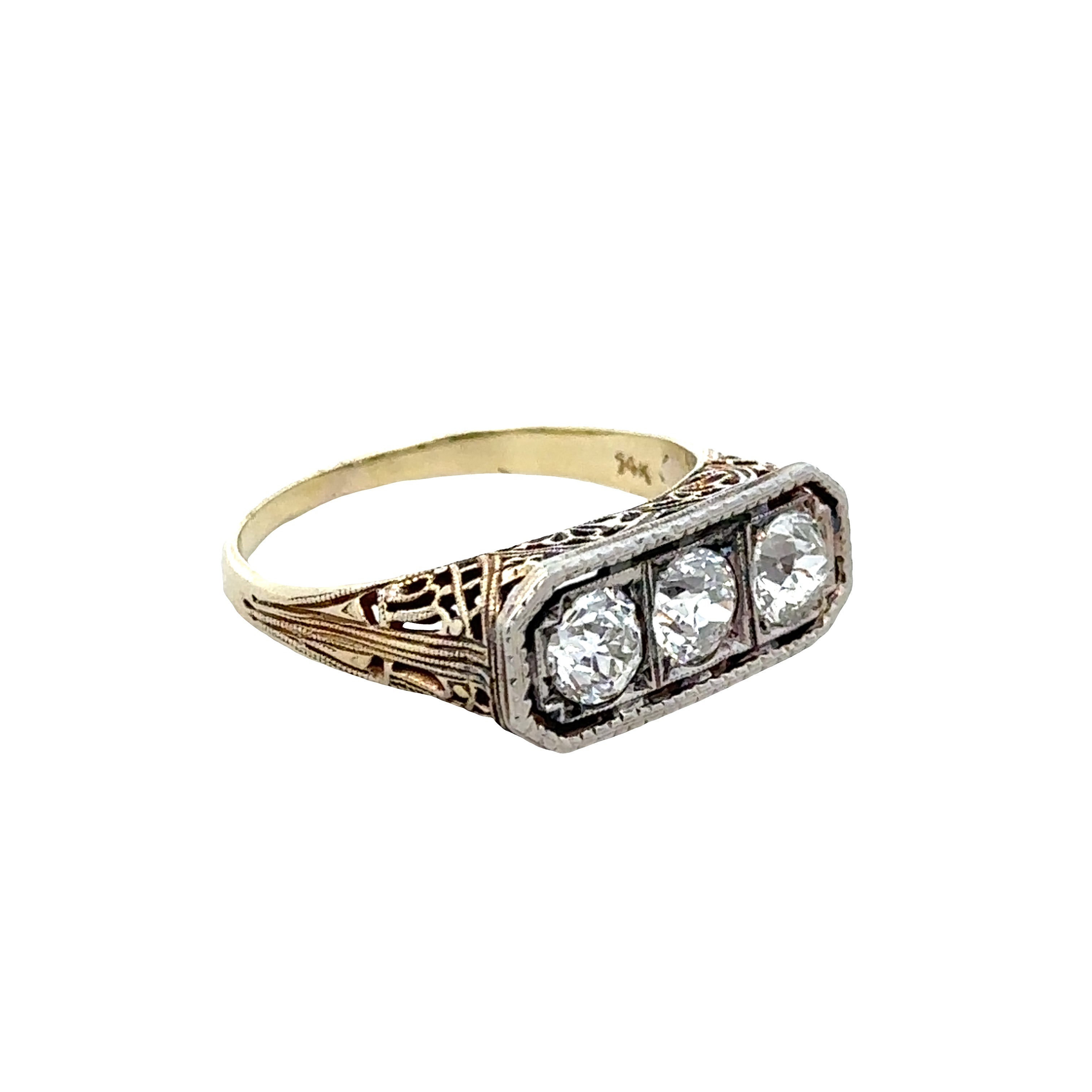 Vintage Art Deco 14k Yellow & White Gold Three Stone Diamond Ring – Size 6.25