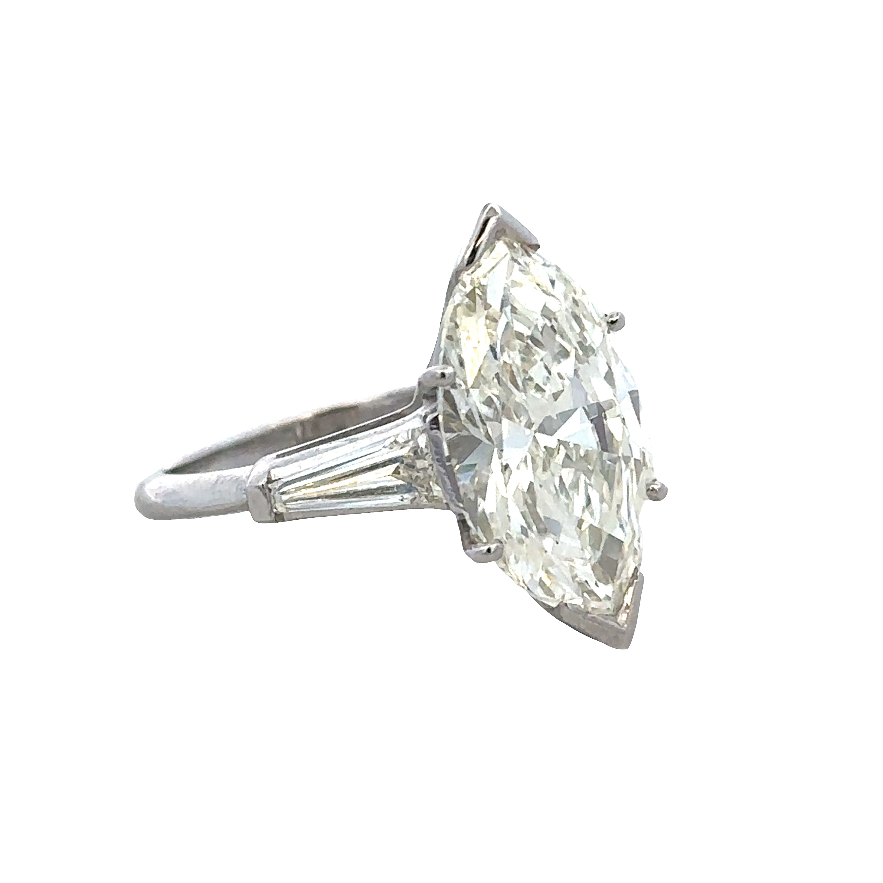 Platinum 6.16 Carat Marquise Cut Diamond Engagement Ring with Tapered Baguette Diamonds – Size 6