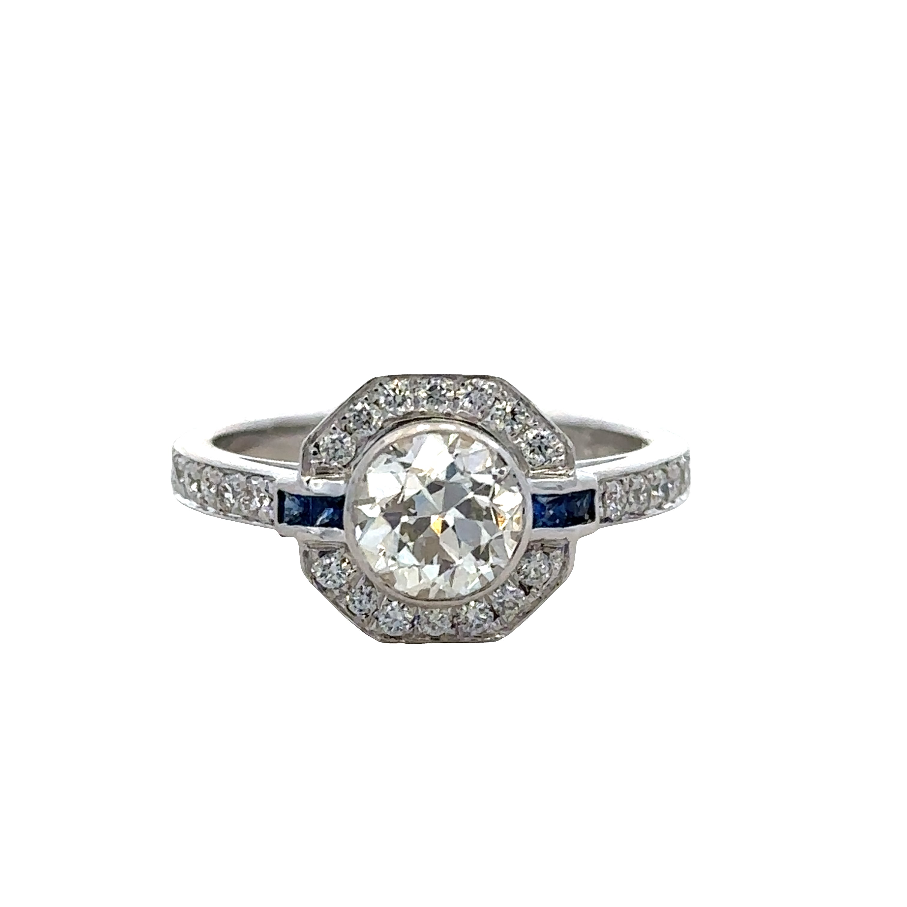 14k White Gold Vintage Inspired Old European Cut Diamond & Sapphire Engagement Ring – Size 7.25