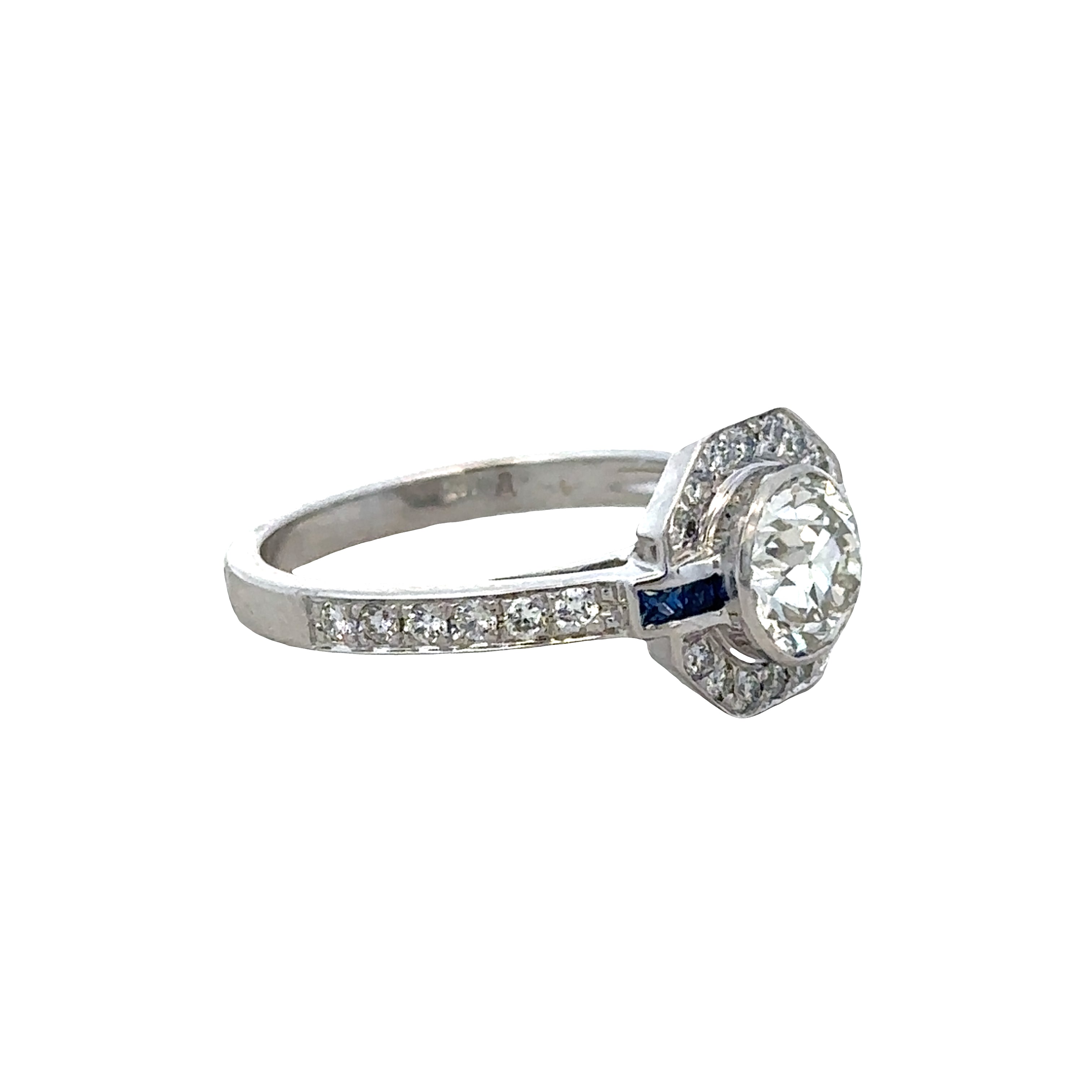 14k White Gold Vintage Inspired Old European Cut Diamond & Sapphire Engagement Ring – Size 7.25