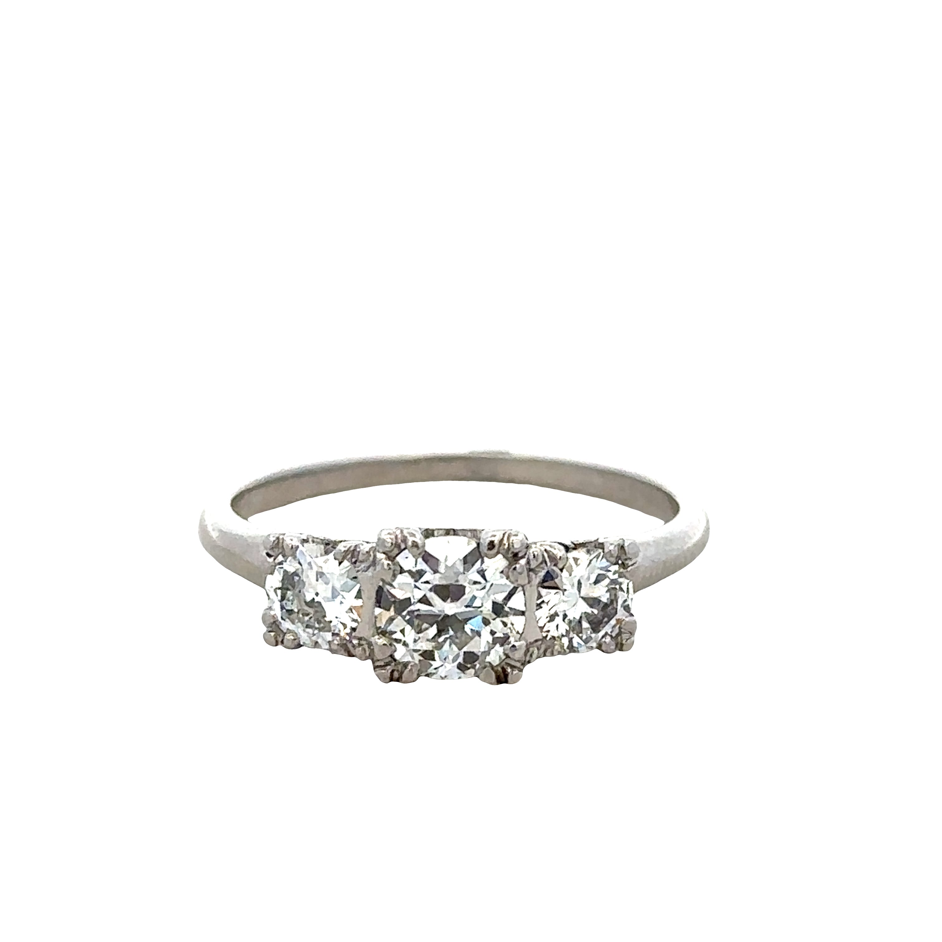 Vintage Mid-Century Platinum Three-Stone Old European Cut Diamond Engagement Ring – Size 8.5