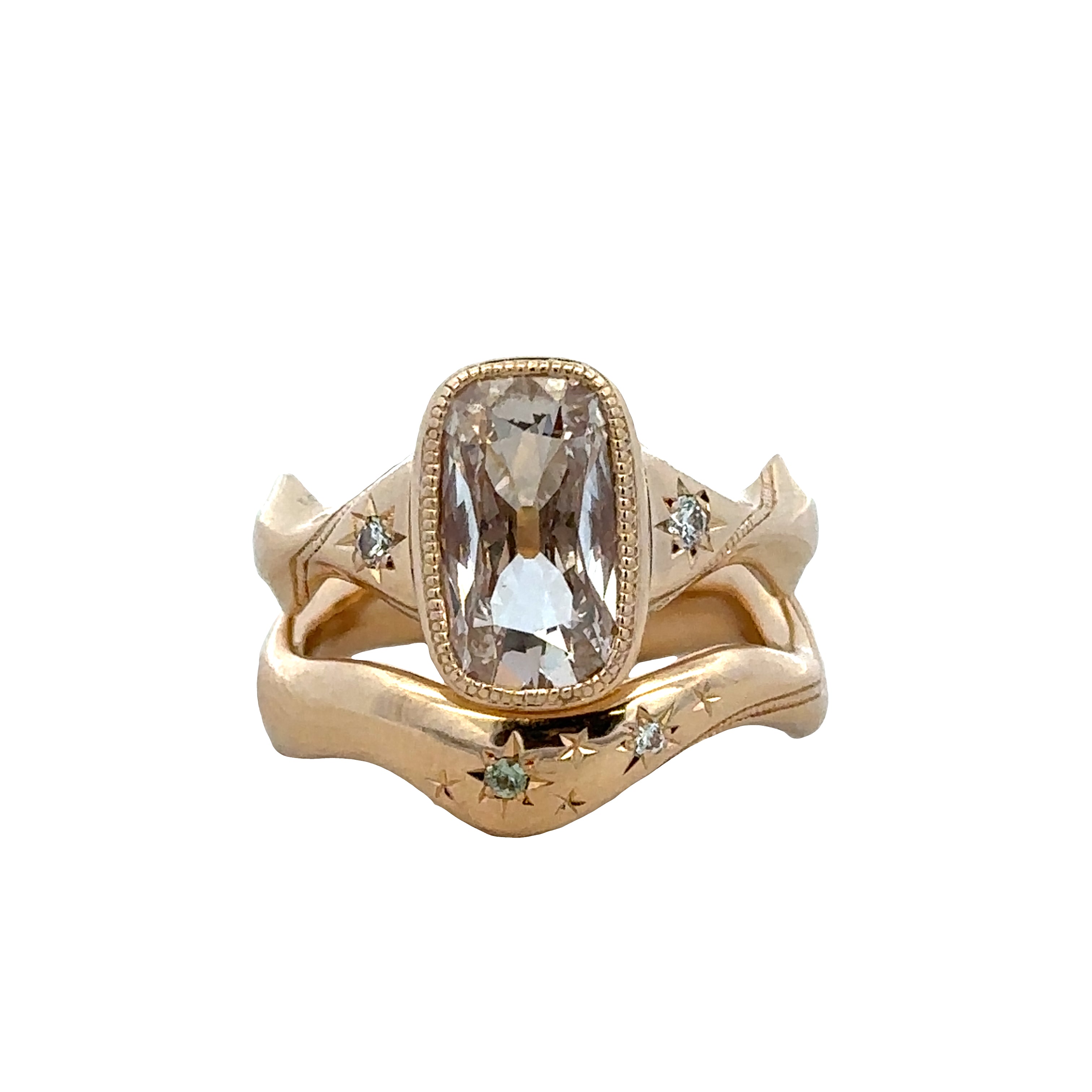 Unique 14k Yellow Gold Elongated Cushion Cut Diamond Engagement Ring & Wedding Band Bridal Set – Size 6.25