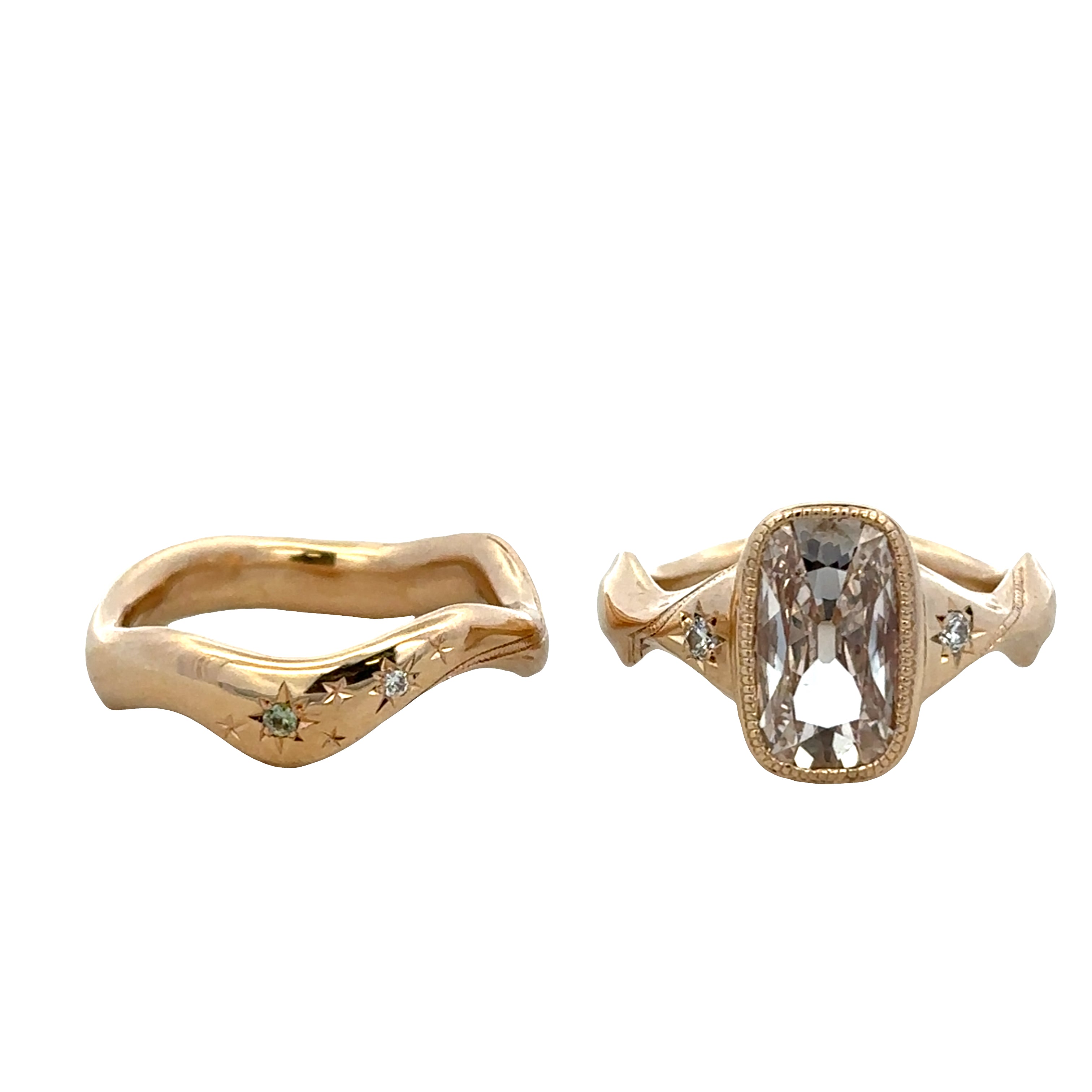 Unique 14k Yellow Gold Elongated Cushion Cut Diamond Engagement Ring & Wedding Band Bridal Set – Size 6.25