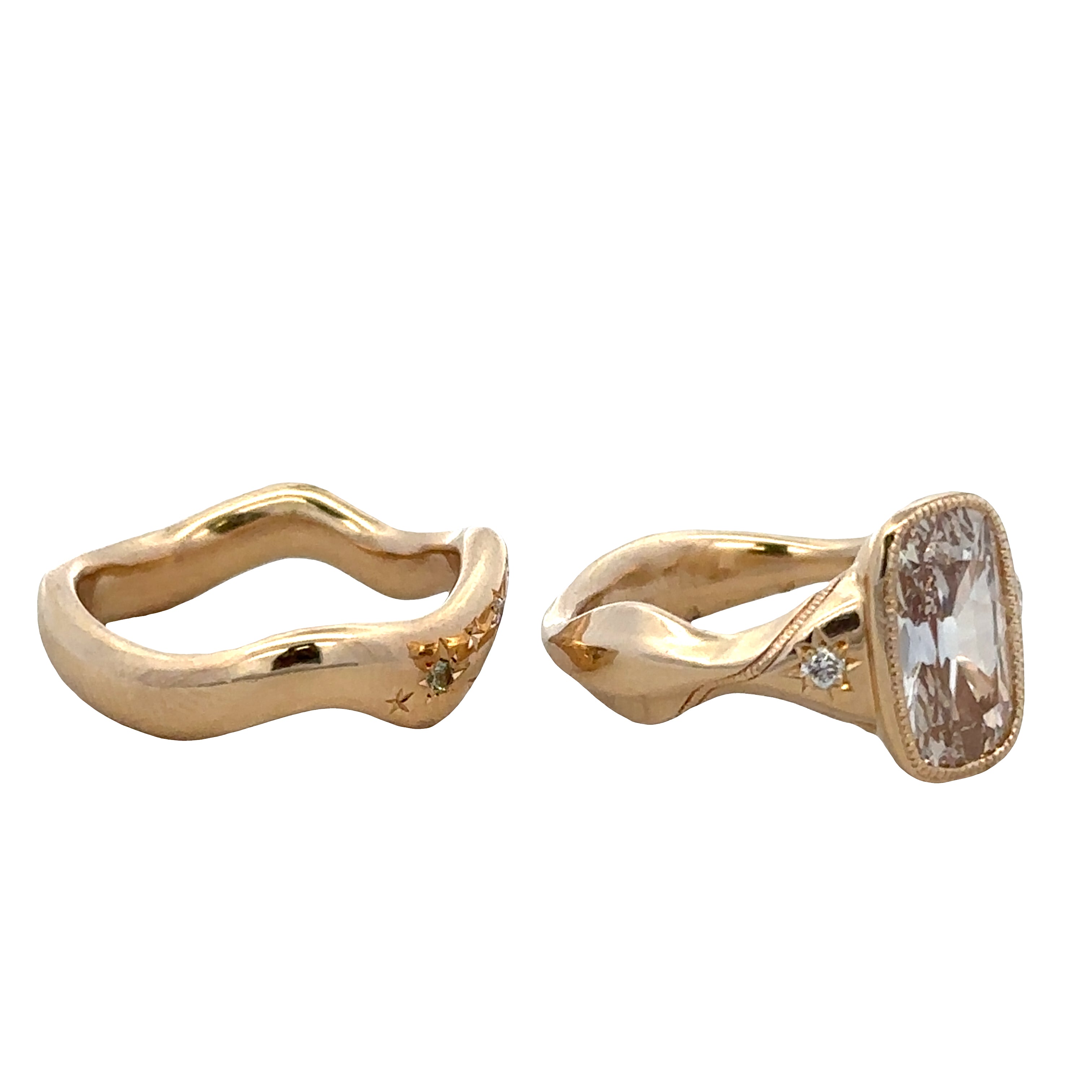 Unique 14k Yellow Gold Elongated Cushion Cut Diamond Engagement Ring & Wedding Band Bridal Set – Size 6.25