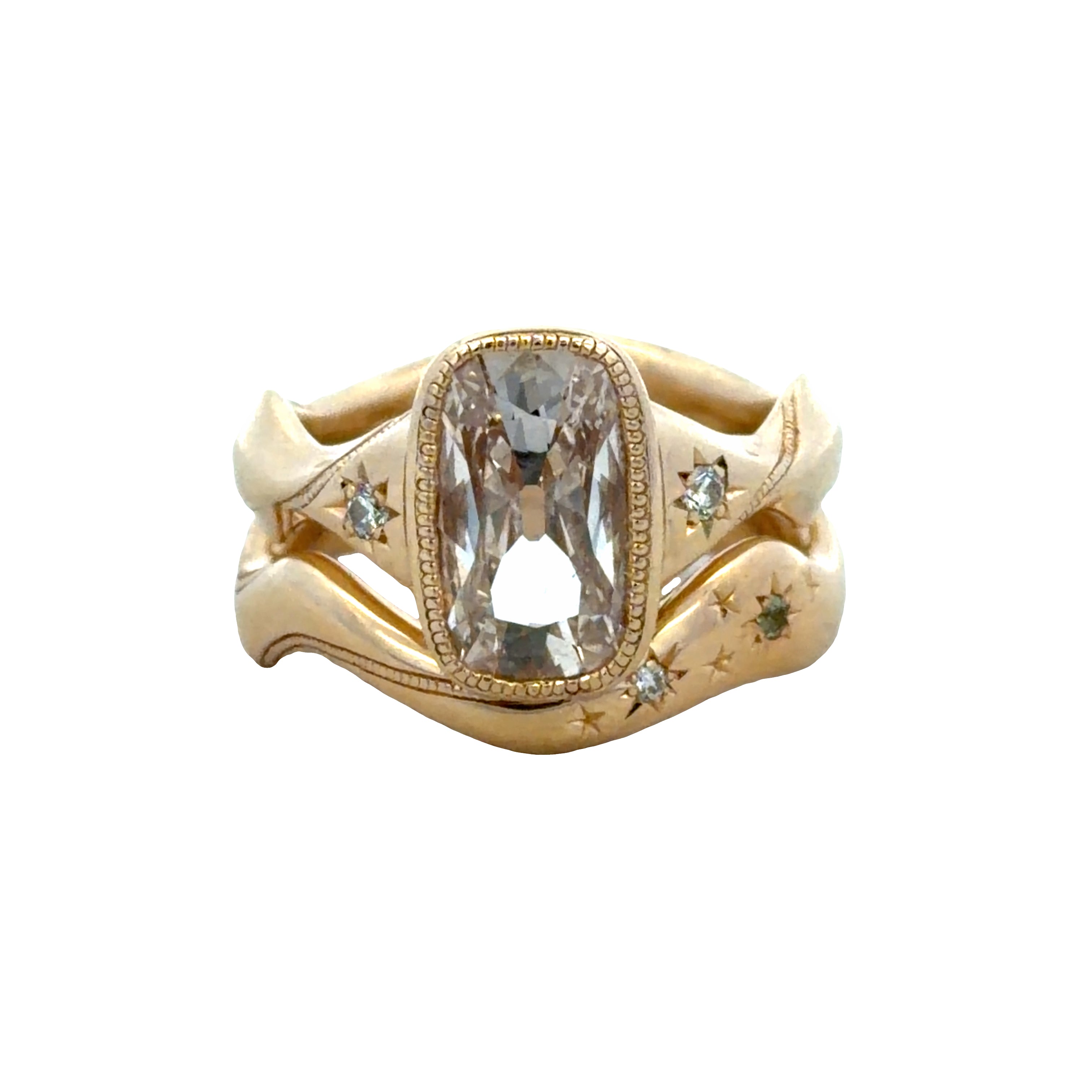 Unique 14k Yellow Gold Elongated Cushion Cut Diamond Engagement Ring & Wedding Band Bridal Set – Size 6.25