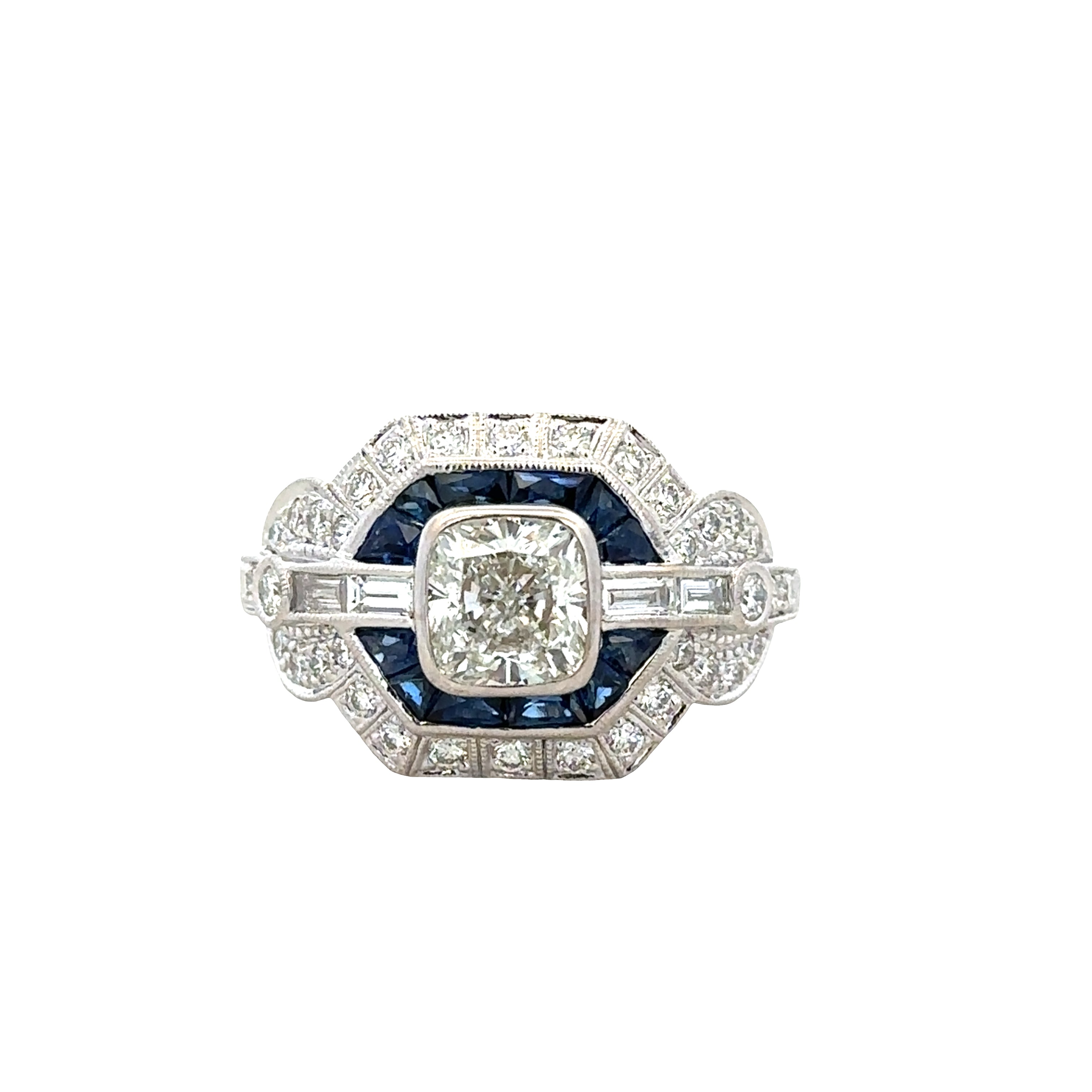 18k White Gold Cushion Cut Diamond, Sapphire & Diamond Engagement Ring – Size 6.5