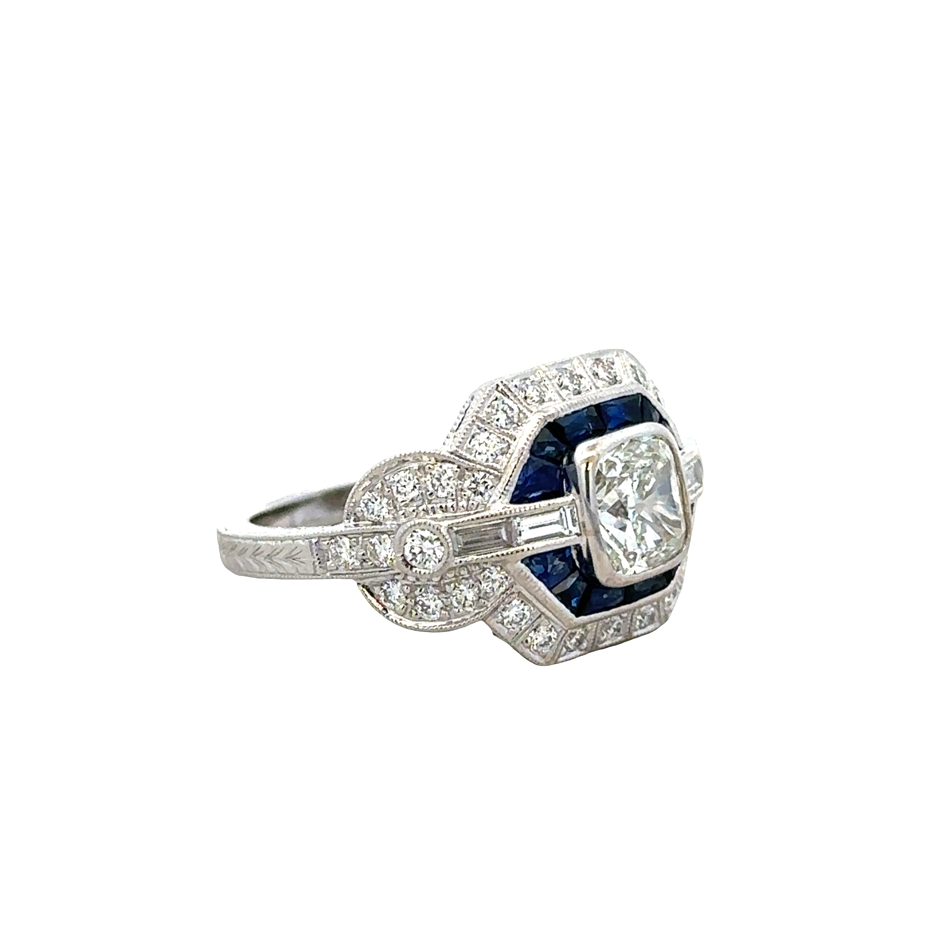 18k White Gold Cushion Cut Diamond, Sapphire & Diamond Engagement Ring – Size 6.5