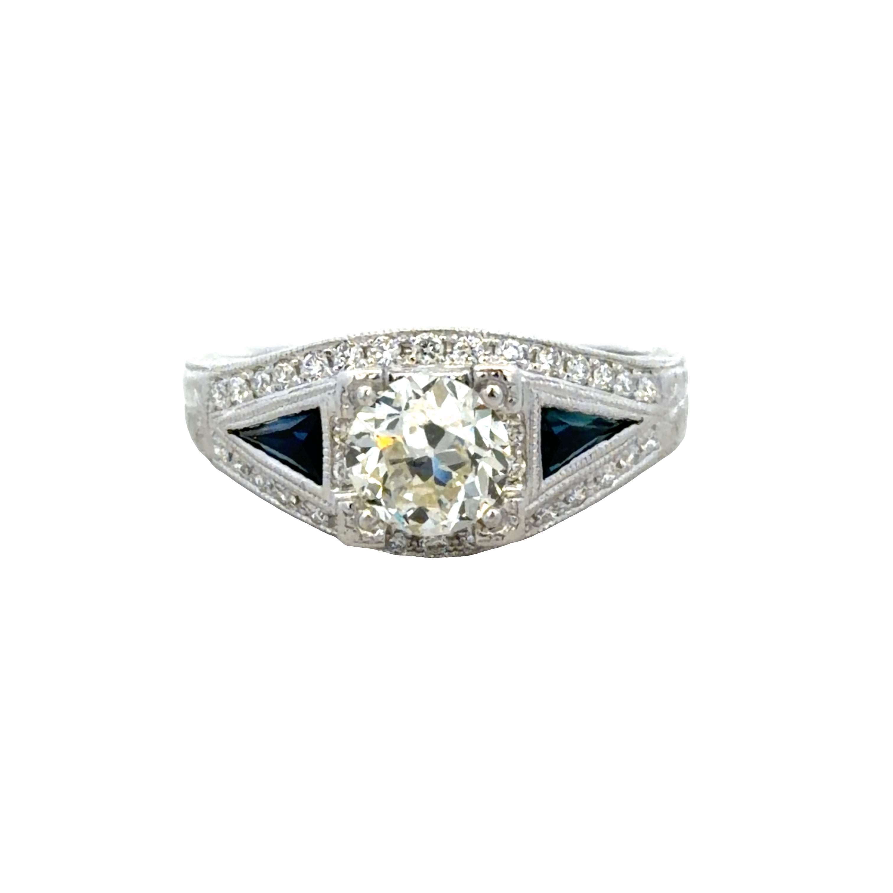 18k White Gold Old European Cut Diamond & Blue Sapphire Navette Engagement Ring – Size 6.5