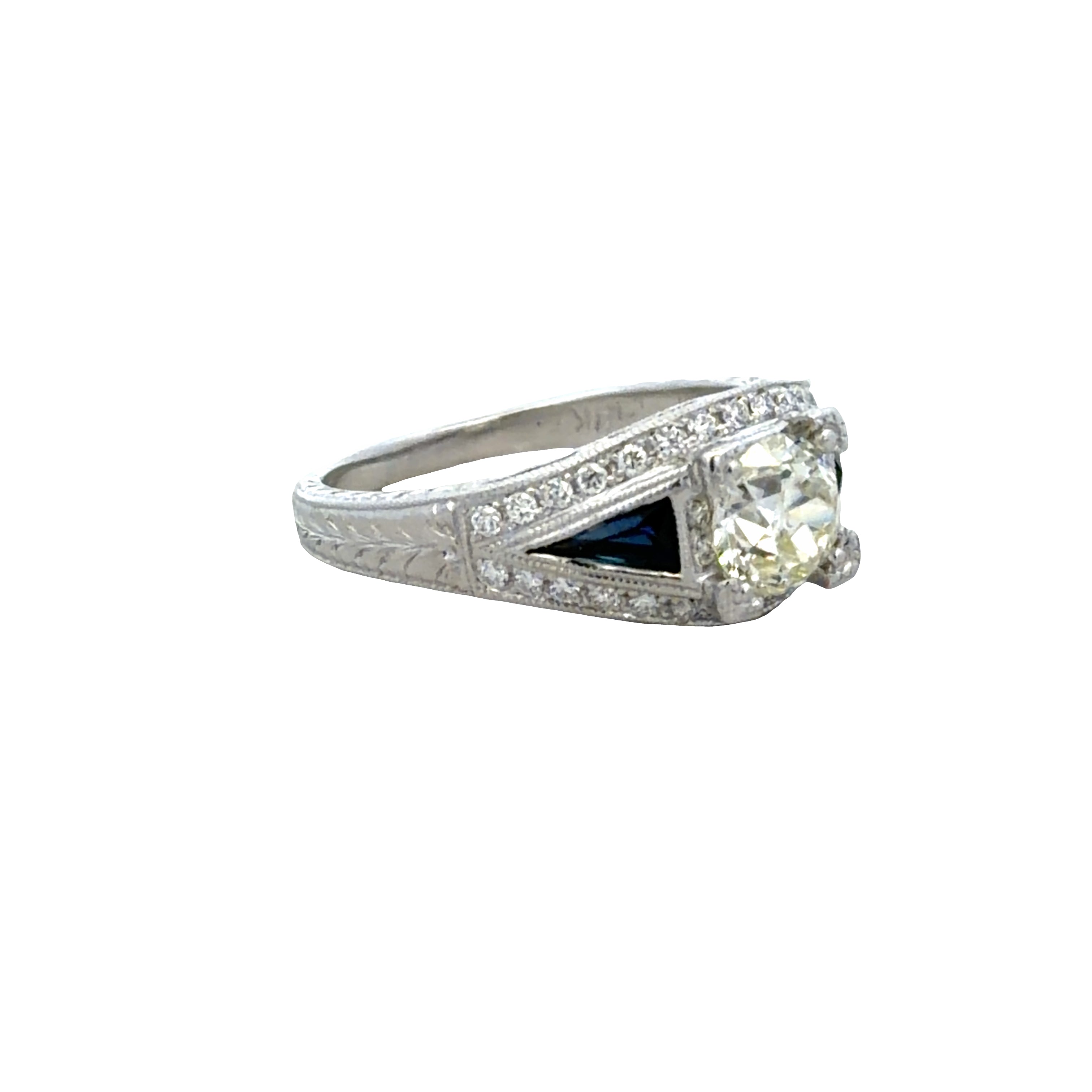 18k White Gold Old European Cut Diamond & Blue Sapphire Navette Engagement Ring – Size 6.5