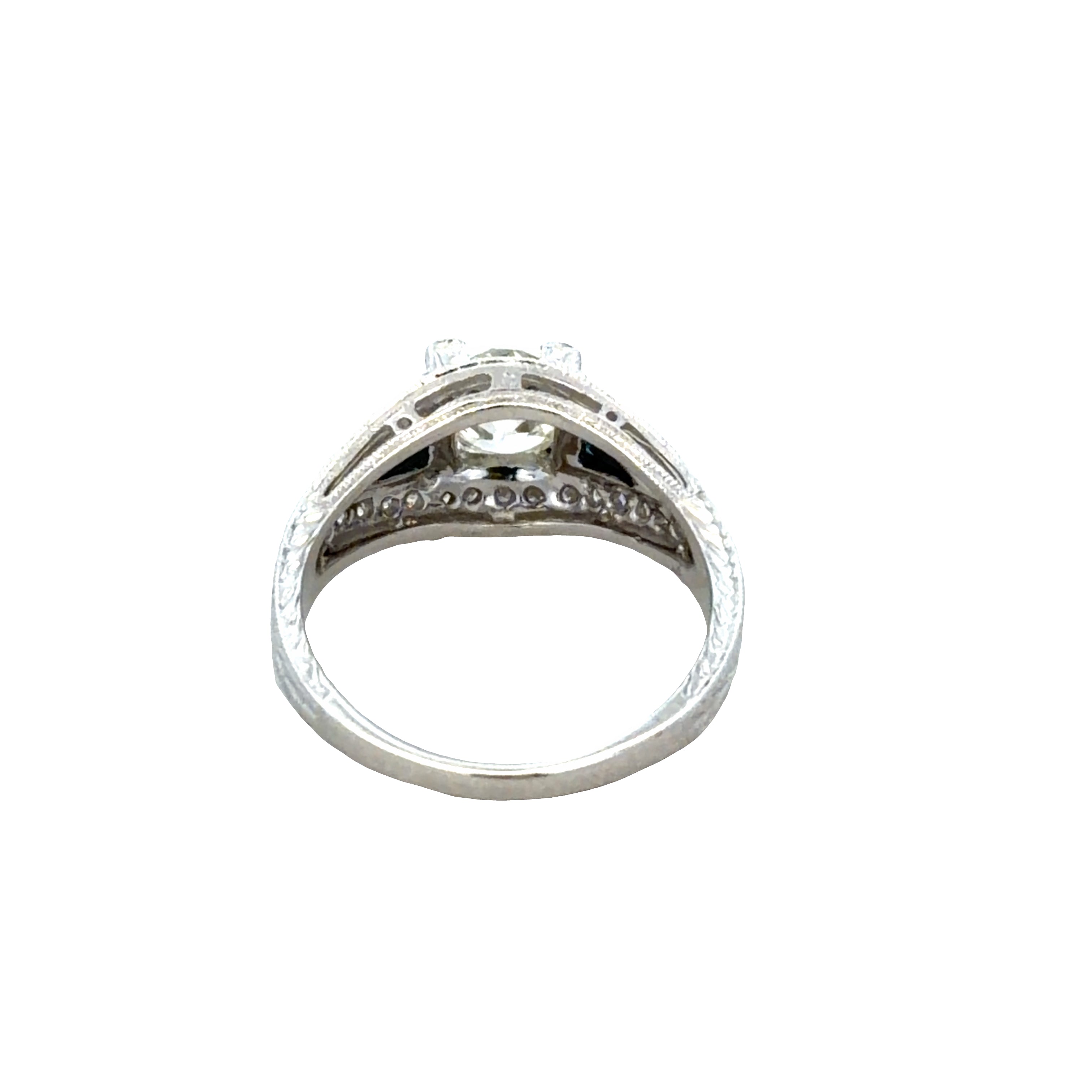 18k White Gold Old European Cut Diamond & Blue Sapphire Navette Engagement Ring – Size 6.5