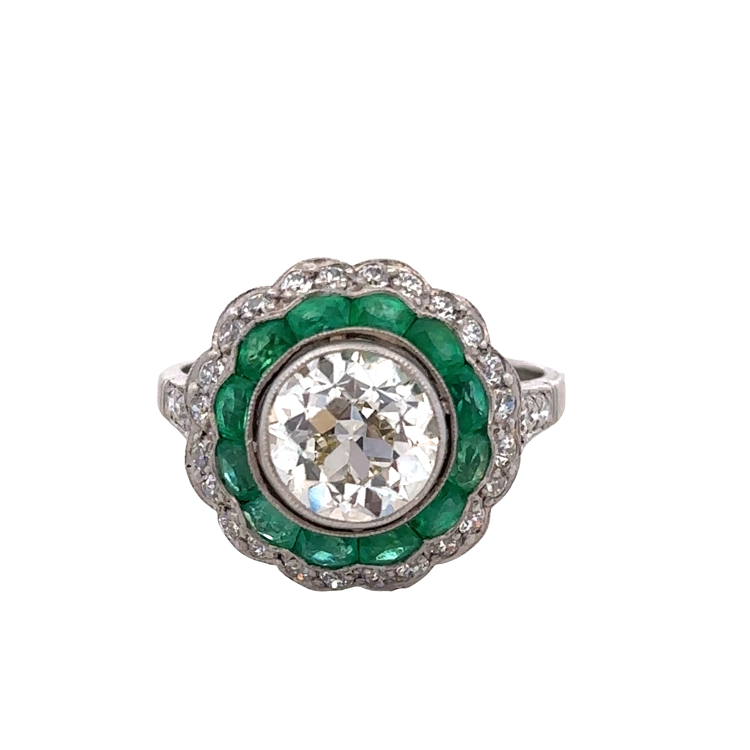 Platinum 2.01 Carat Old European Cut Diamond & Emerald Double Halo Ring – Size 7.5