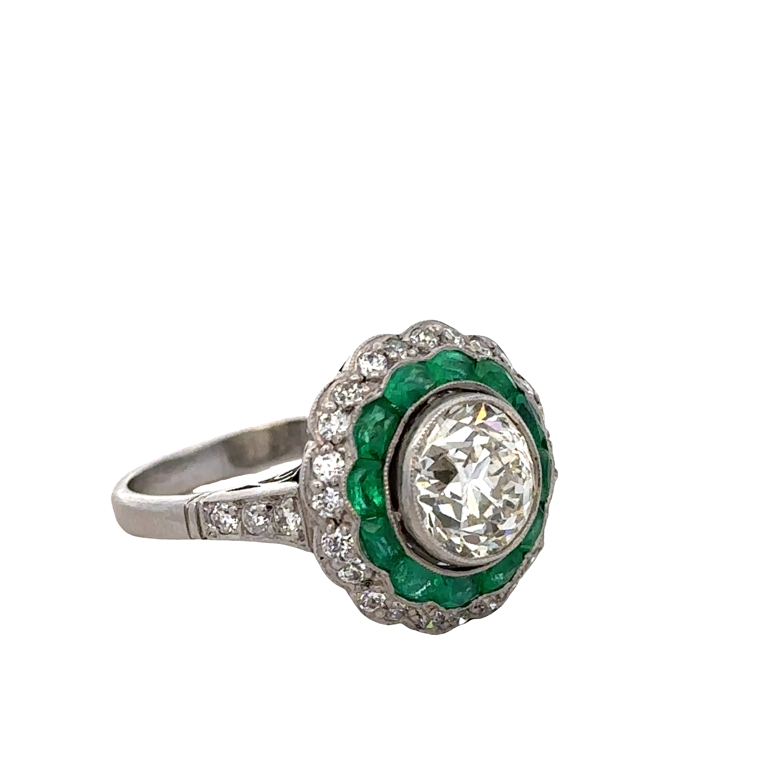 Platinum 2.01 Carat Old European Cut Diamond & Emerald Double Halo Ring – Size 7.5
