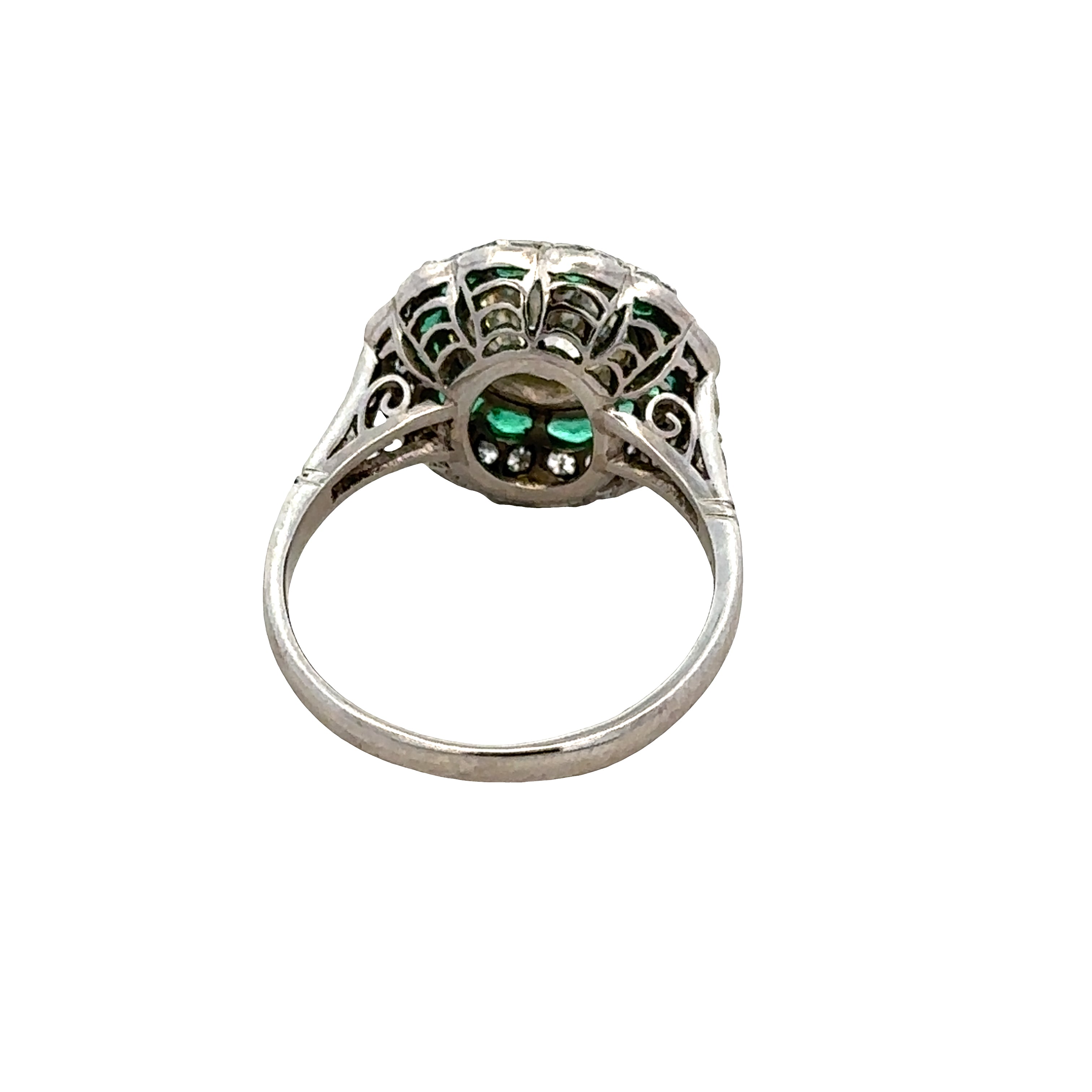 Platinum 2.01 Carat Old European Cut Diamond & Emerald Double Halo Ring – Size 7.5