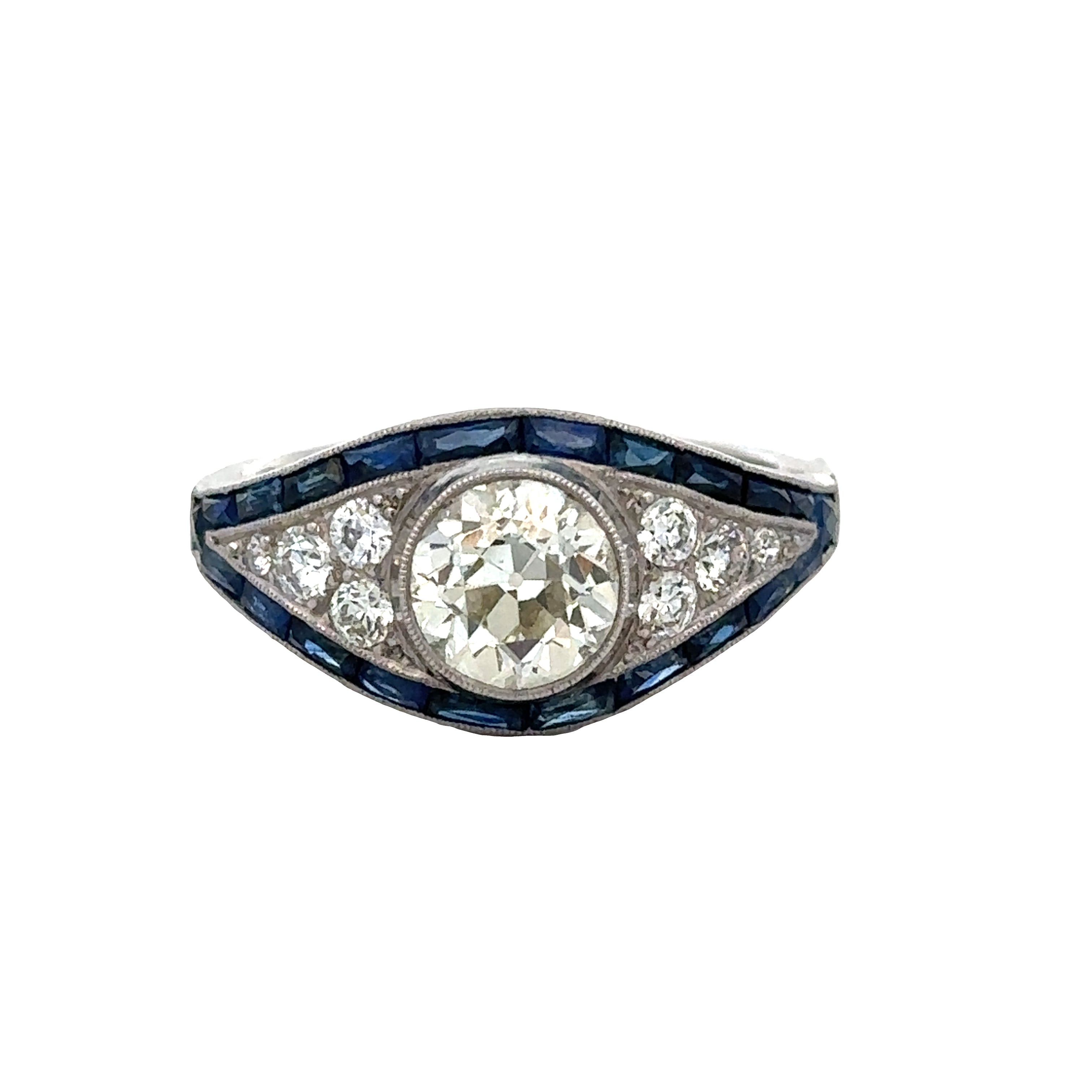 Vintage Art Deco Platinum Old European Cut Diamond & Sapphire Ring – Size 7.5 – Circa 1930s