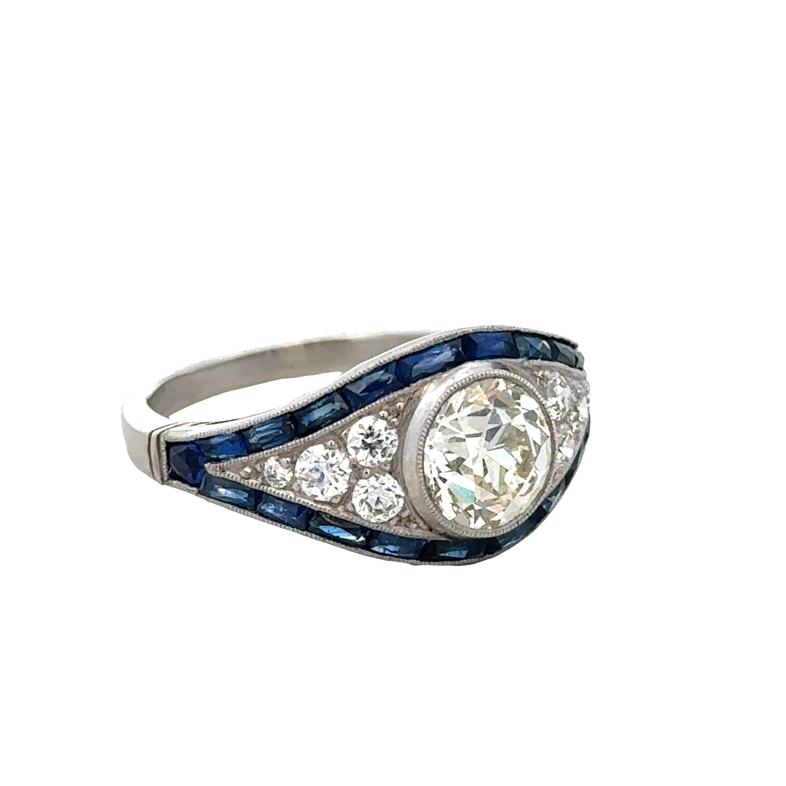 Vintage Art Deco Platinum Old European Cut Diamond & Sapphire Ring – Size 7.5 – Circa 1930s