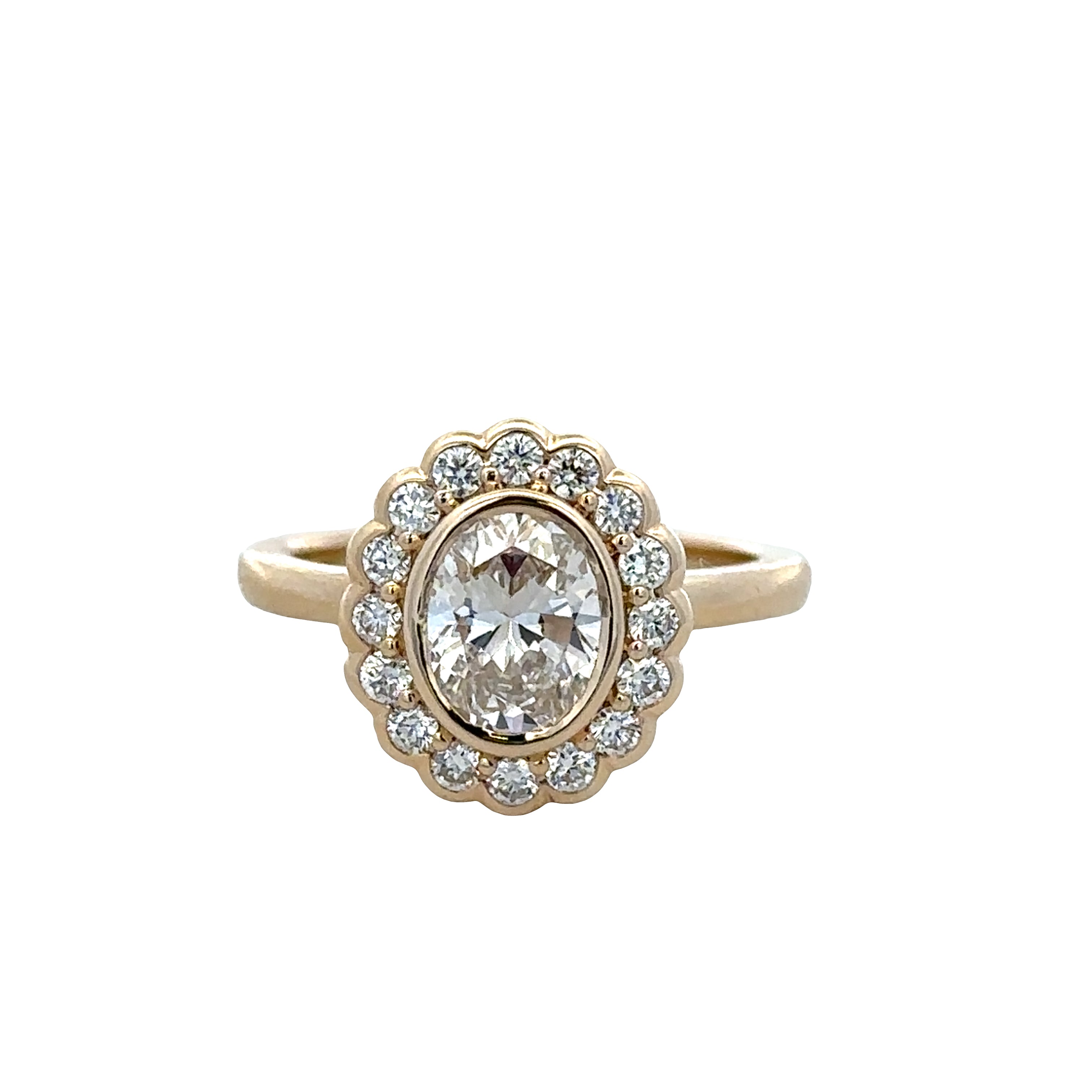 14k Yellow Gold 1.23 Carat Oval Diamond Scalloped Halo Engagement Ring – GIA – Size 6