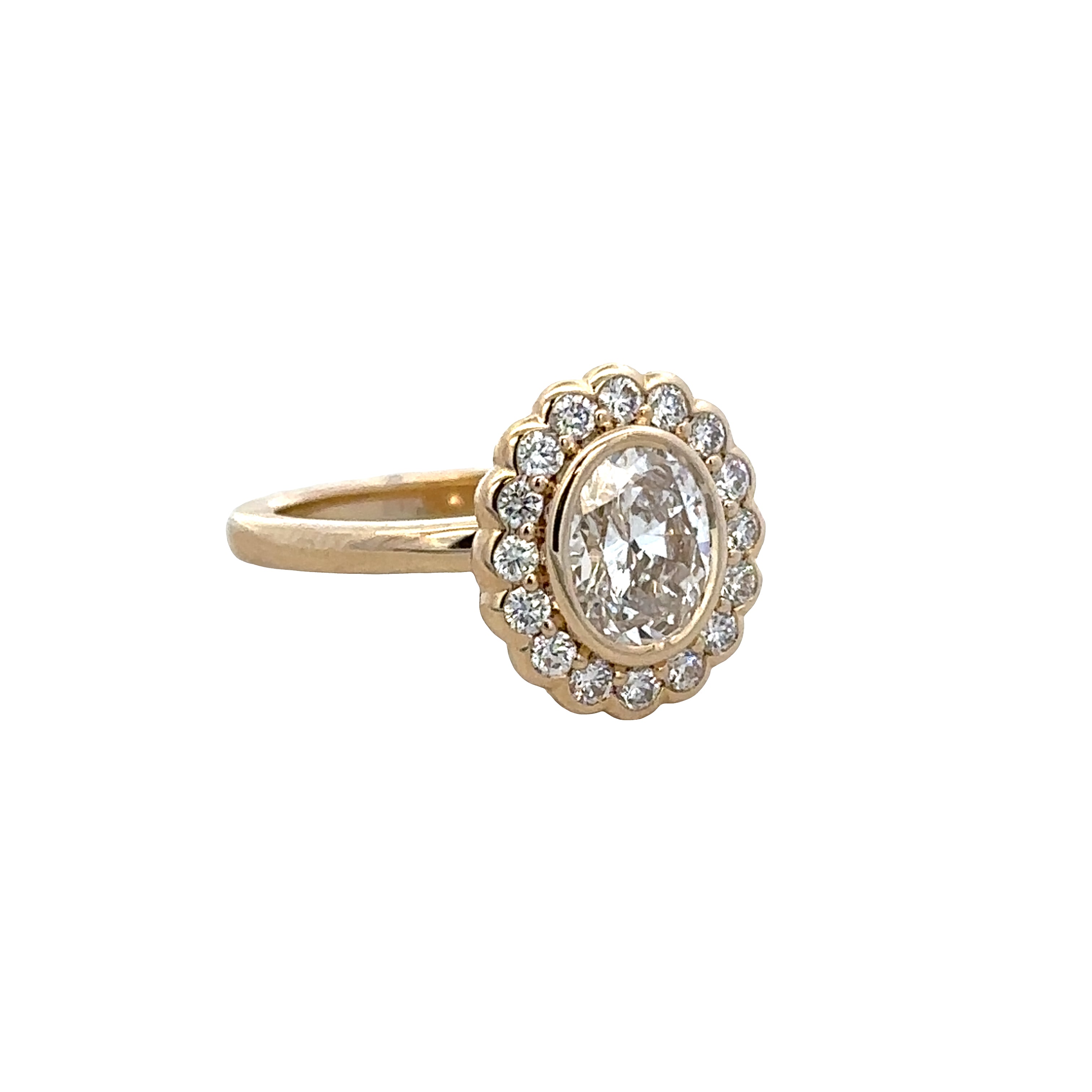 14k Yellow Gold 1.23 Carat Oval Diamond Scalloped Halo Engagement Ring – GIA – Size 6
