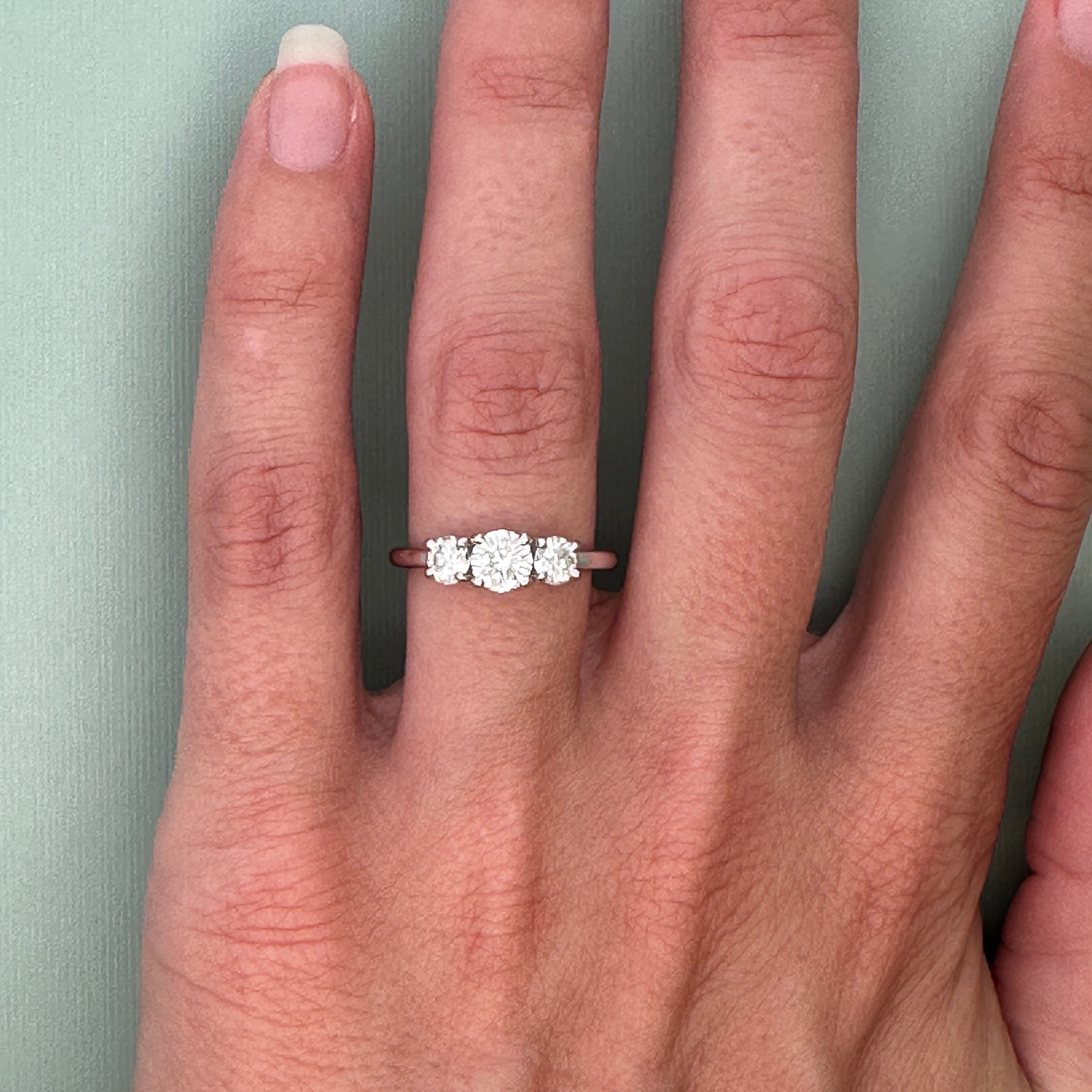 14k White Gold 1.05 CTW Three-Stone Diamond Ring – Size 6.75