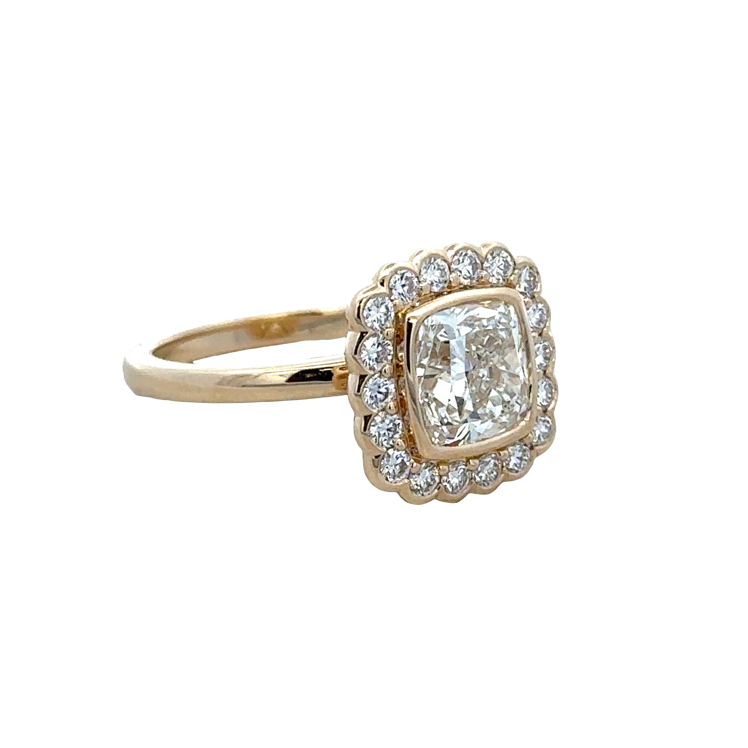 14k Yellow Gold GIA Cushion Cut Diamond Halo Ring – Size 6