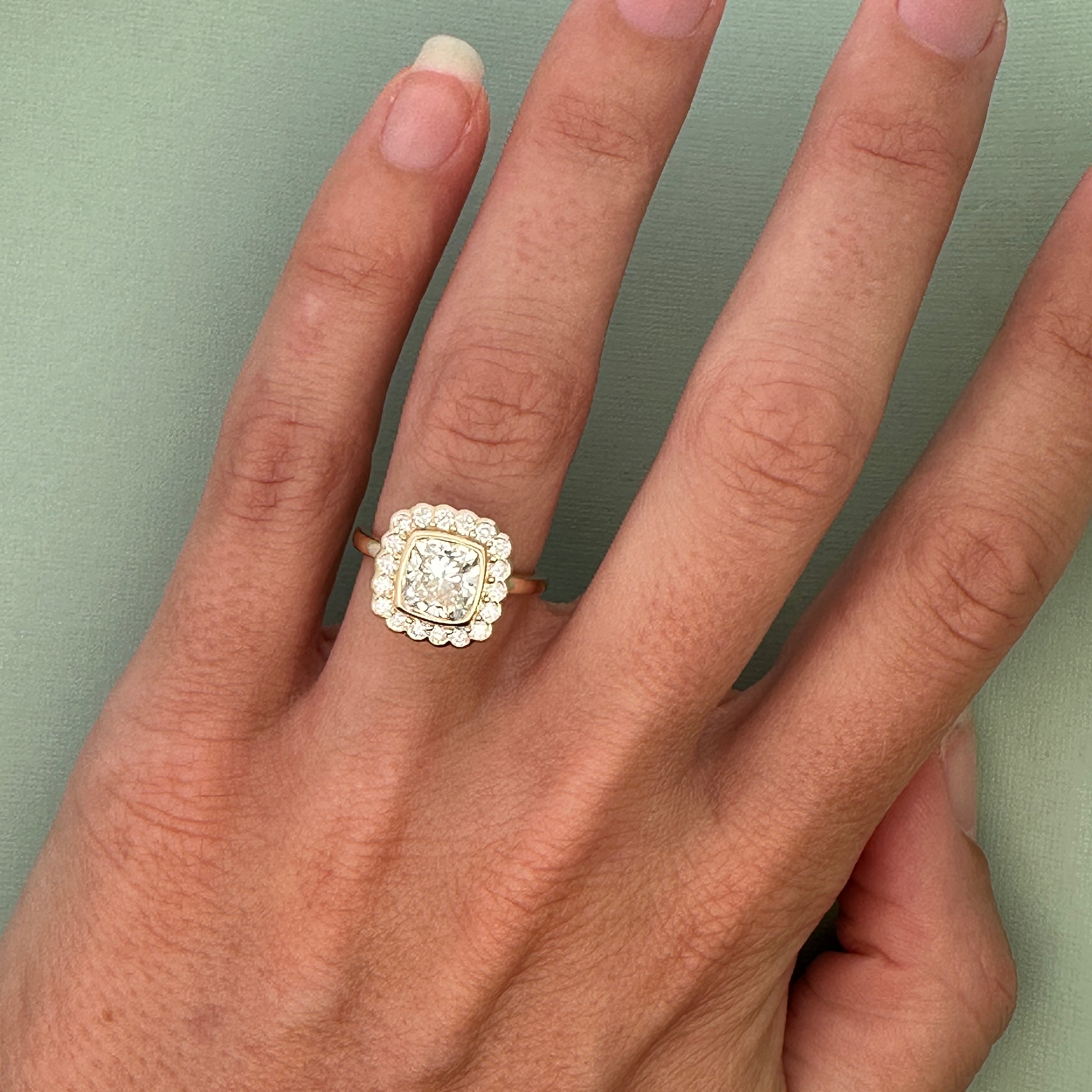 14k Yellow Gold GIA Cushion Cut Diamond Halo Ring – Size 6