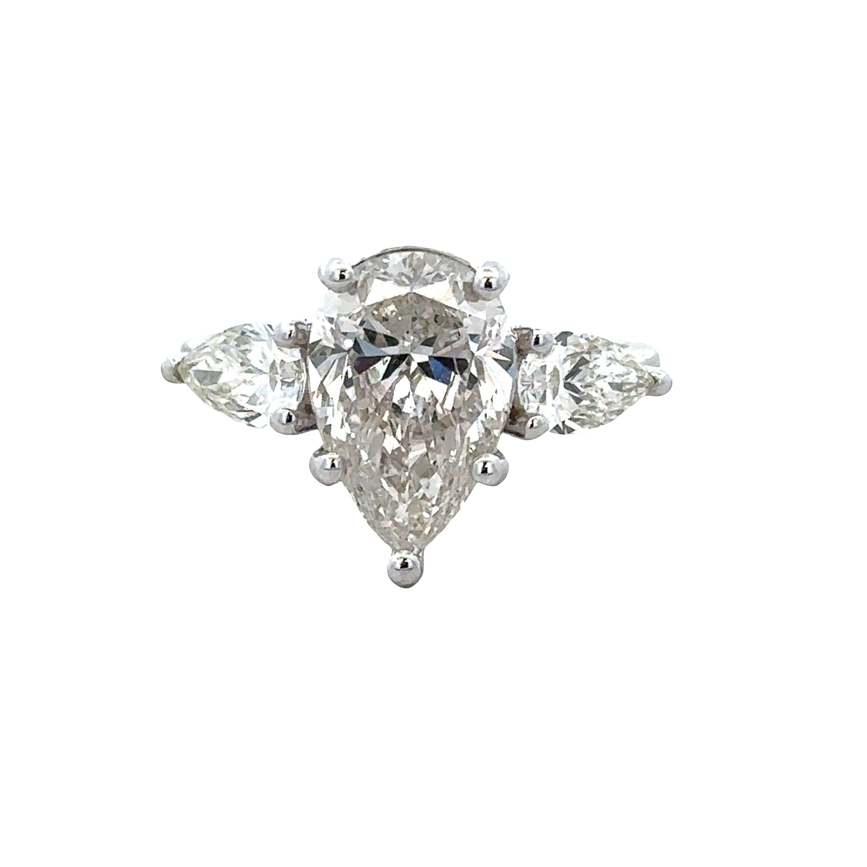 18k White Gold 3.86 CTW Pear Shaped Diamond Three-Stone Engagement Ring – Size 6.5