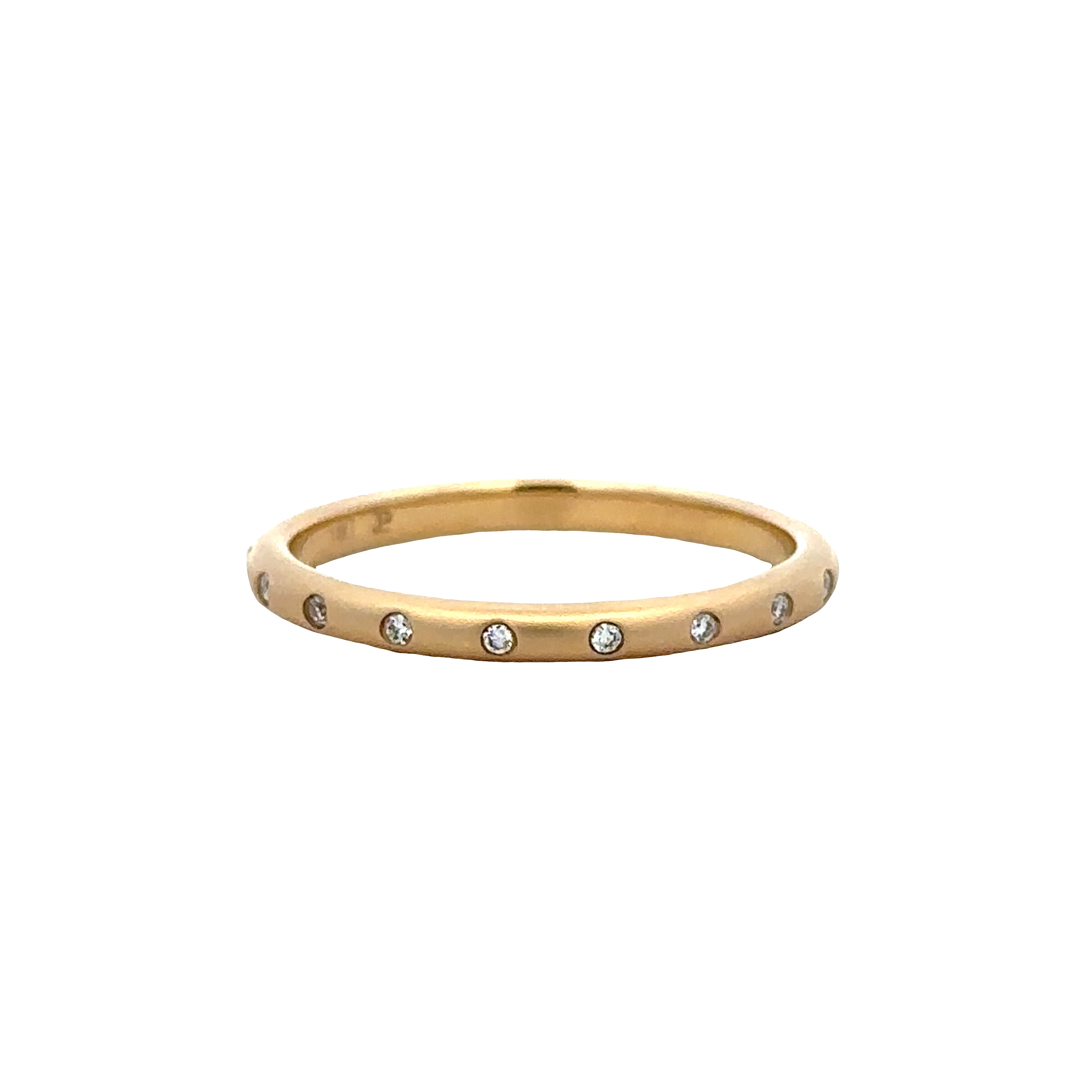 Brushed 14k Yellow Gold Band with Flush Set Round Brilliant Cut Diamonds – Size 6