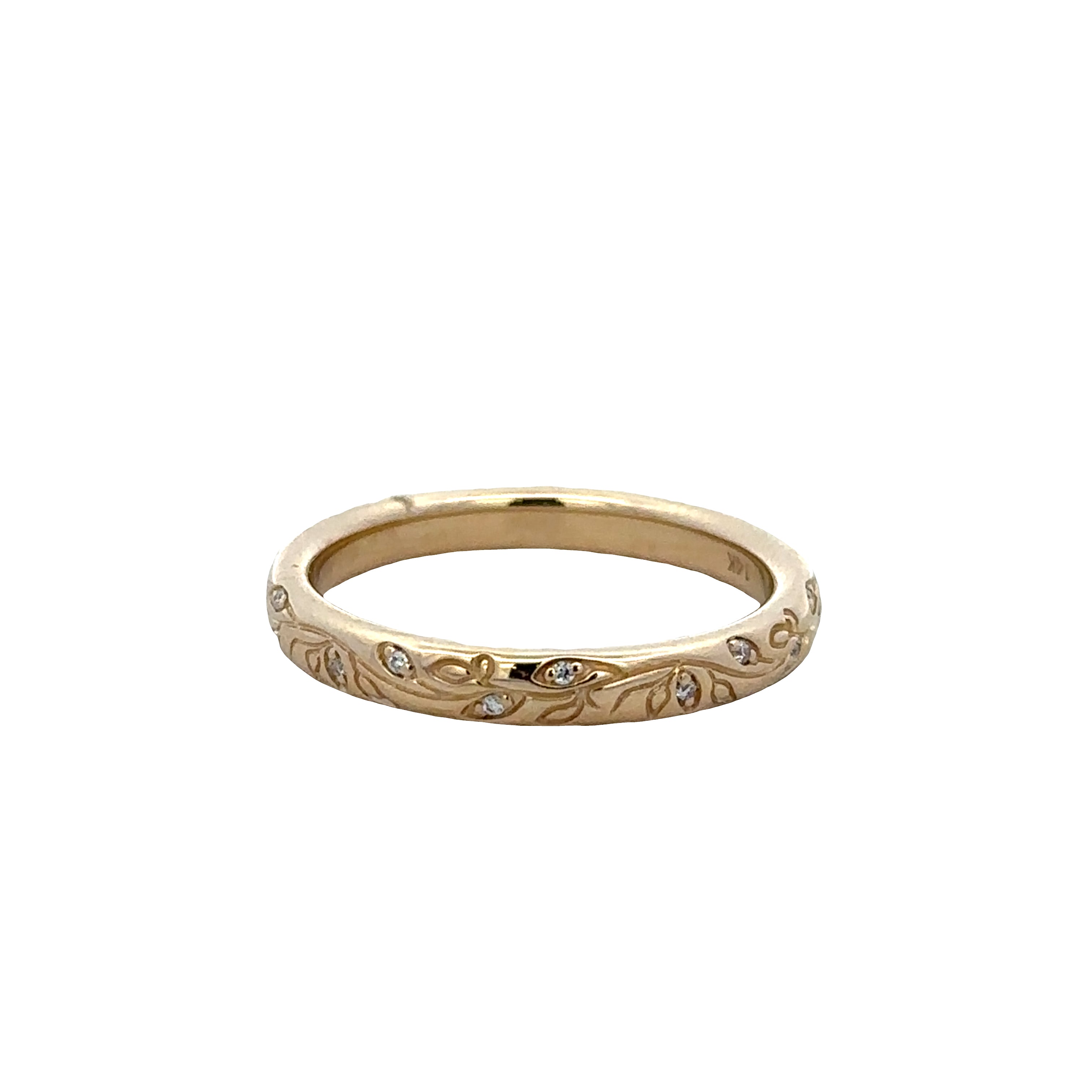 14k Yellow Gold Diamond Engraved Foliate Wedding Band – Size 6