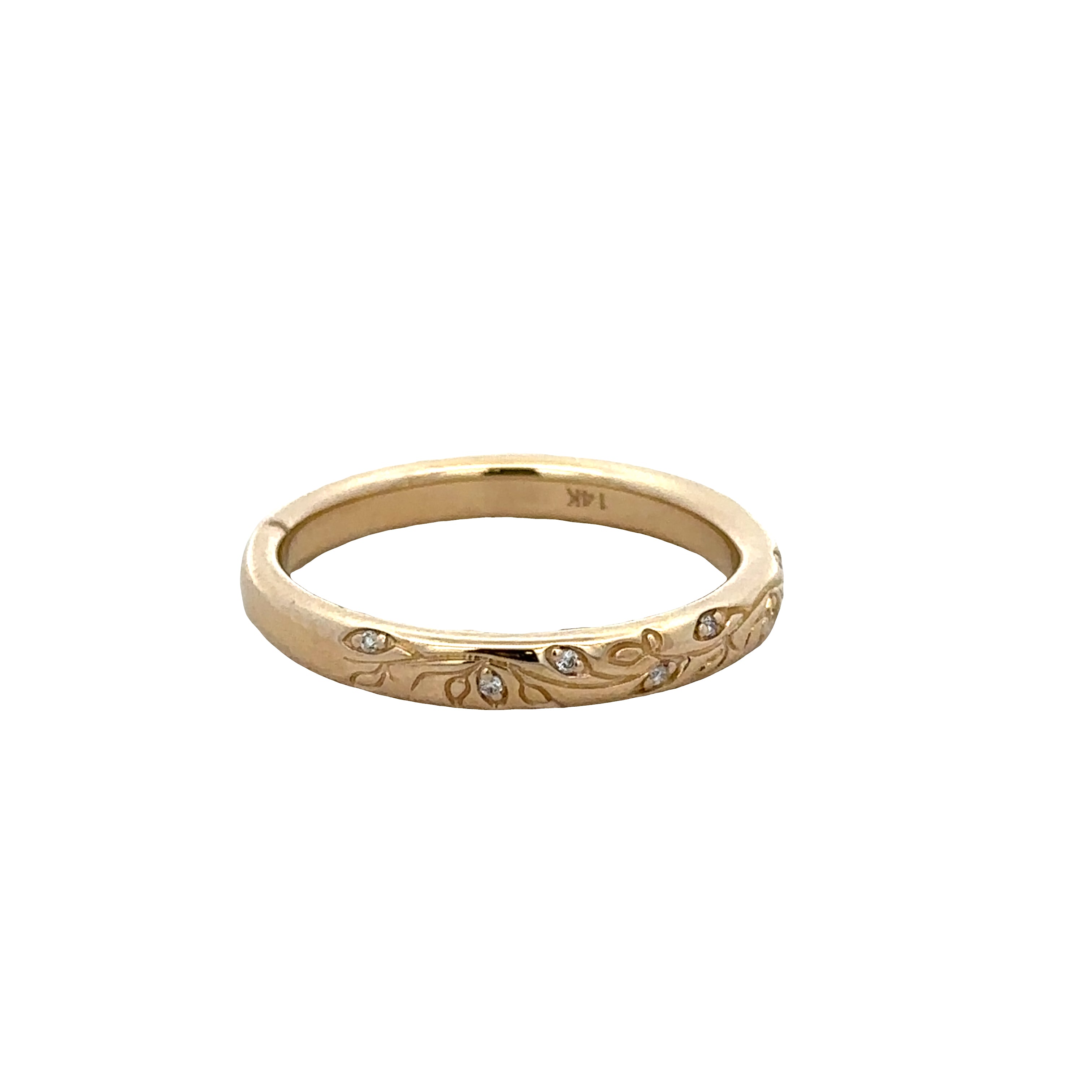 14k Yellow Gold Diamond Engraved Foliate Wedding Band – Size 6