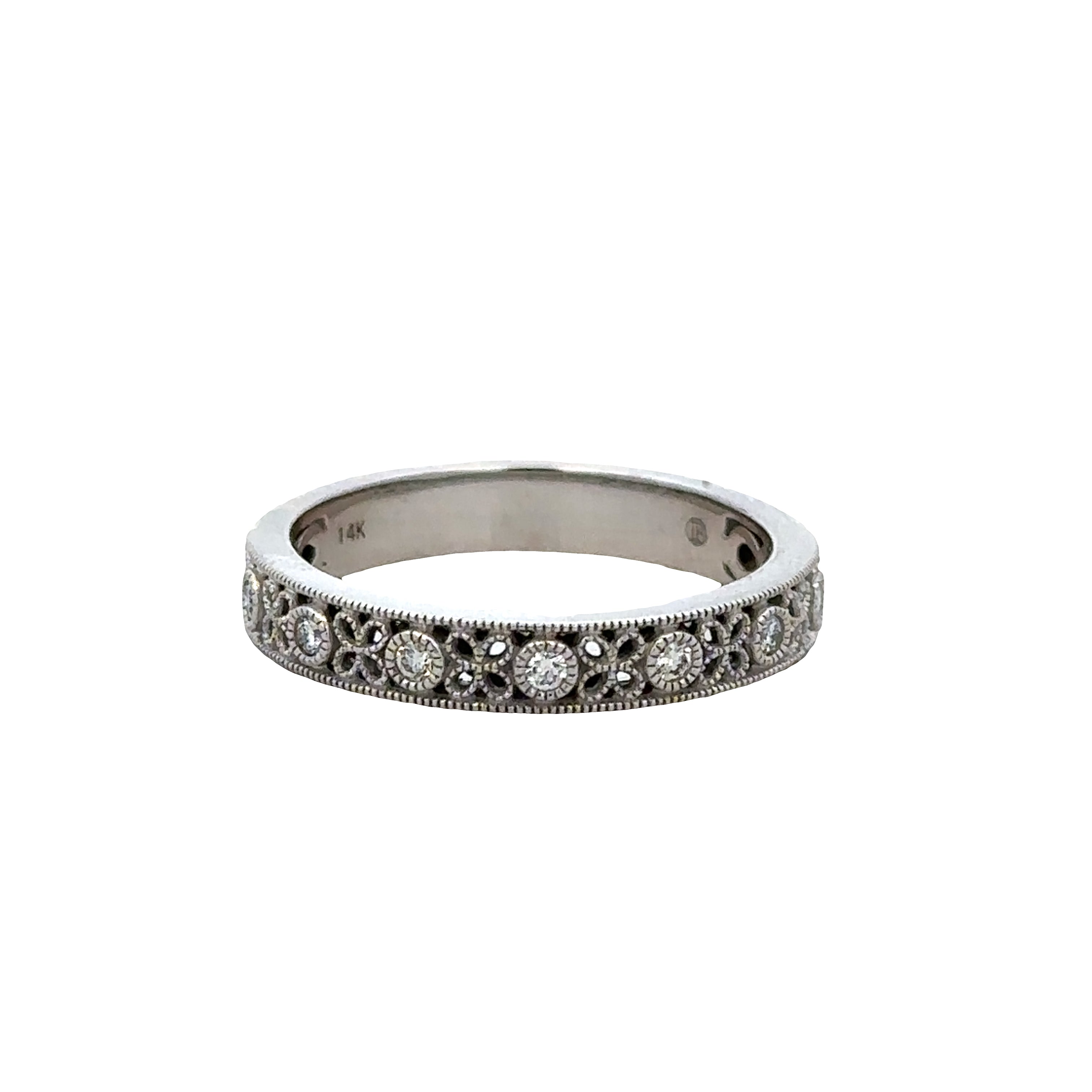 14k White Gold Diamond Filigree Band – Size 6