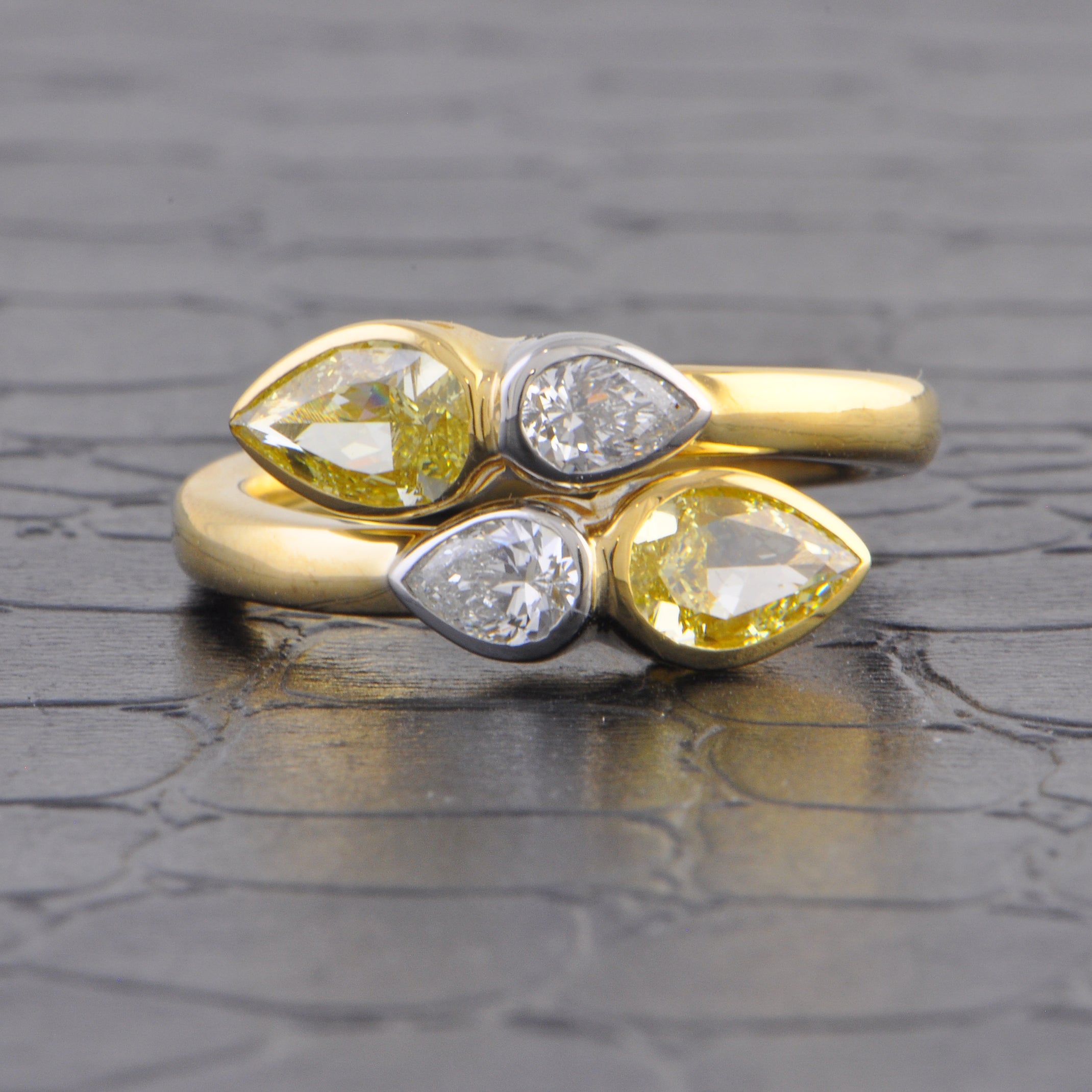 Bezel Set Fancy Yellow Pear Cut Diamond Bypass Ring in 18k Yellow Gold
